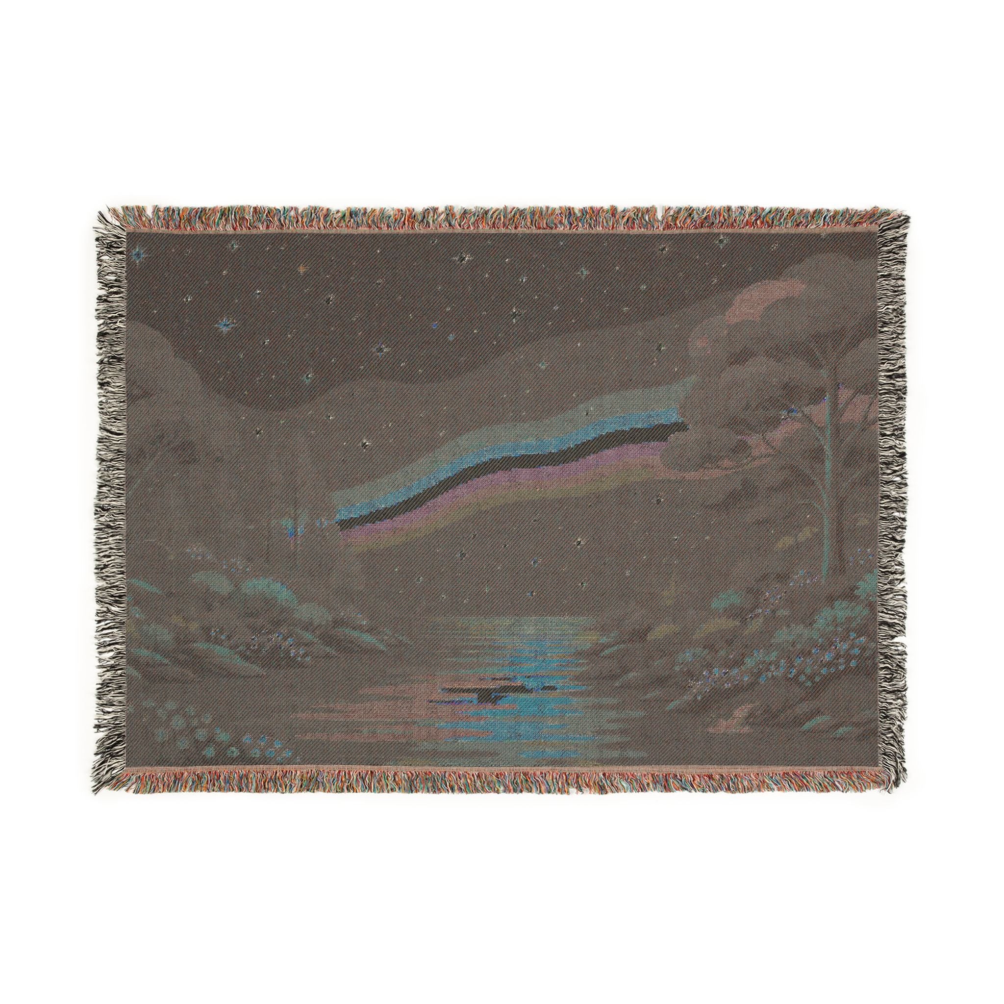 Pixel Rainbow Nightscape Woven Blanket | Starry Lake Scenic Throw