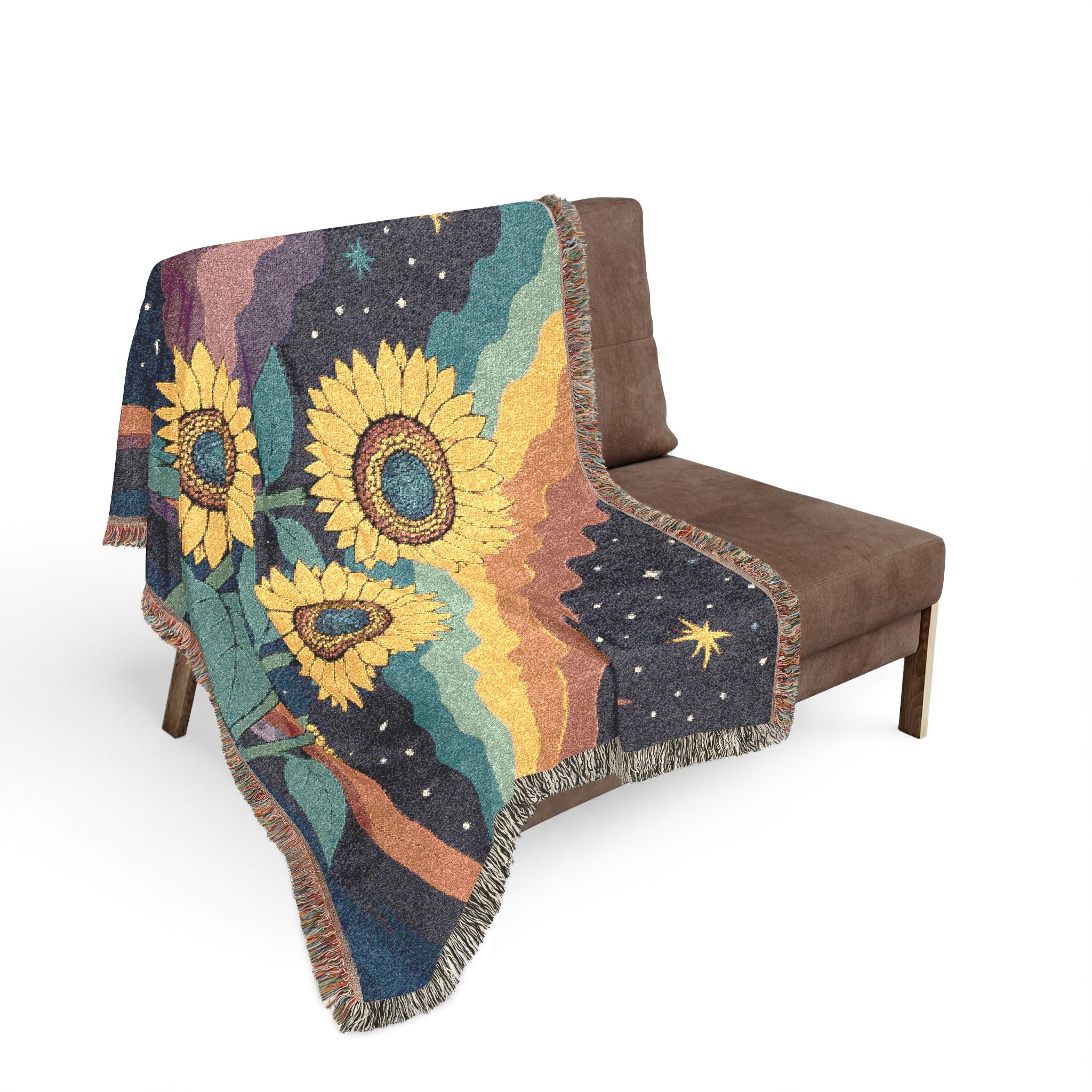 Sunflower Nightscape Woven Blanket | Retro Celestial Tapestry