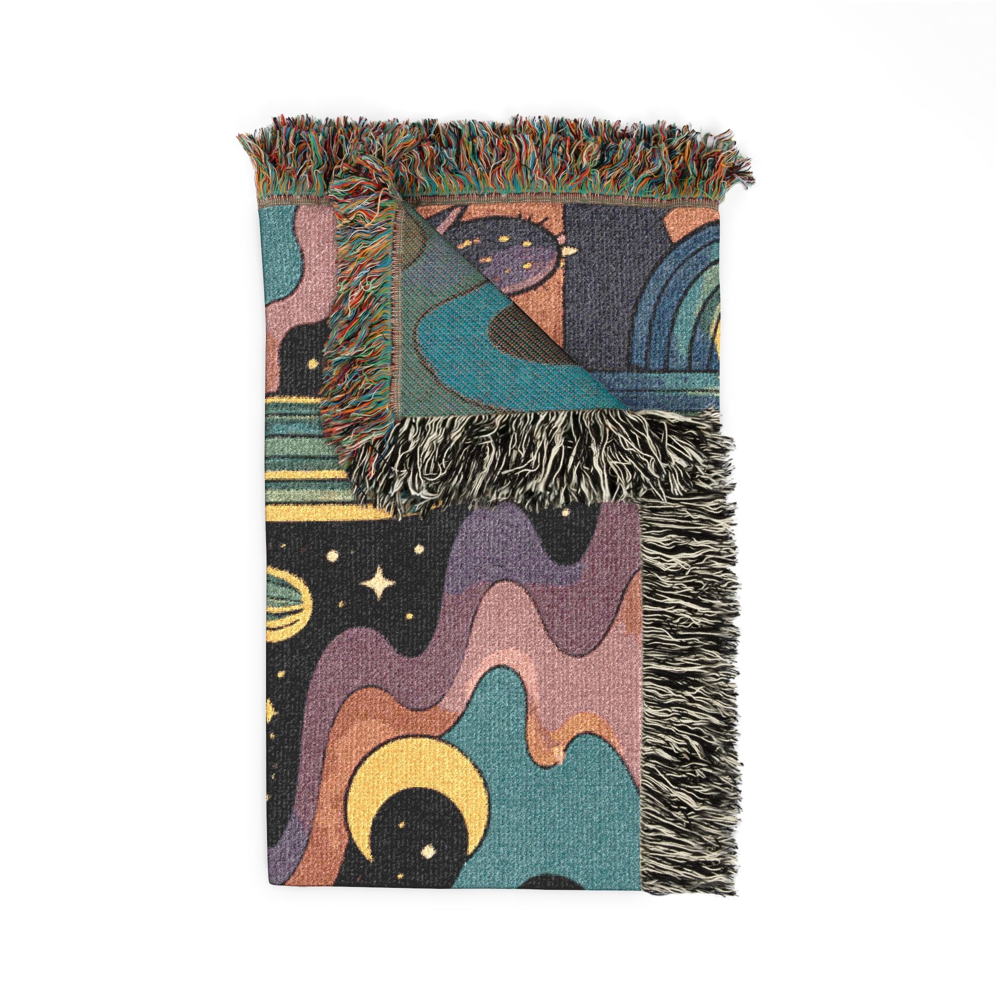 Desert Sunset Cosmic Landscape Woven Blanket | Southwestern Cactus Tapestry