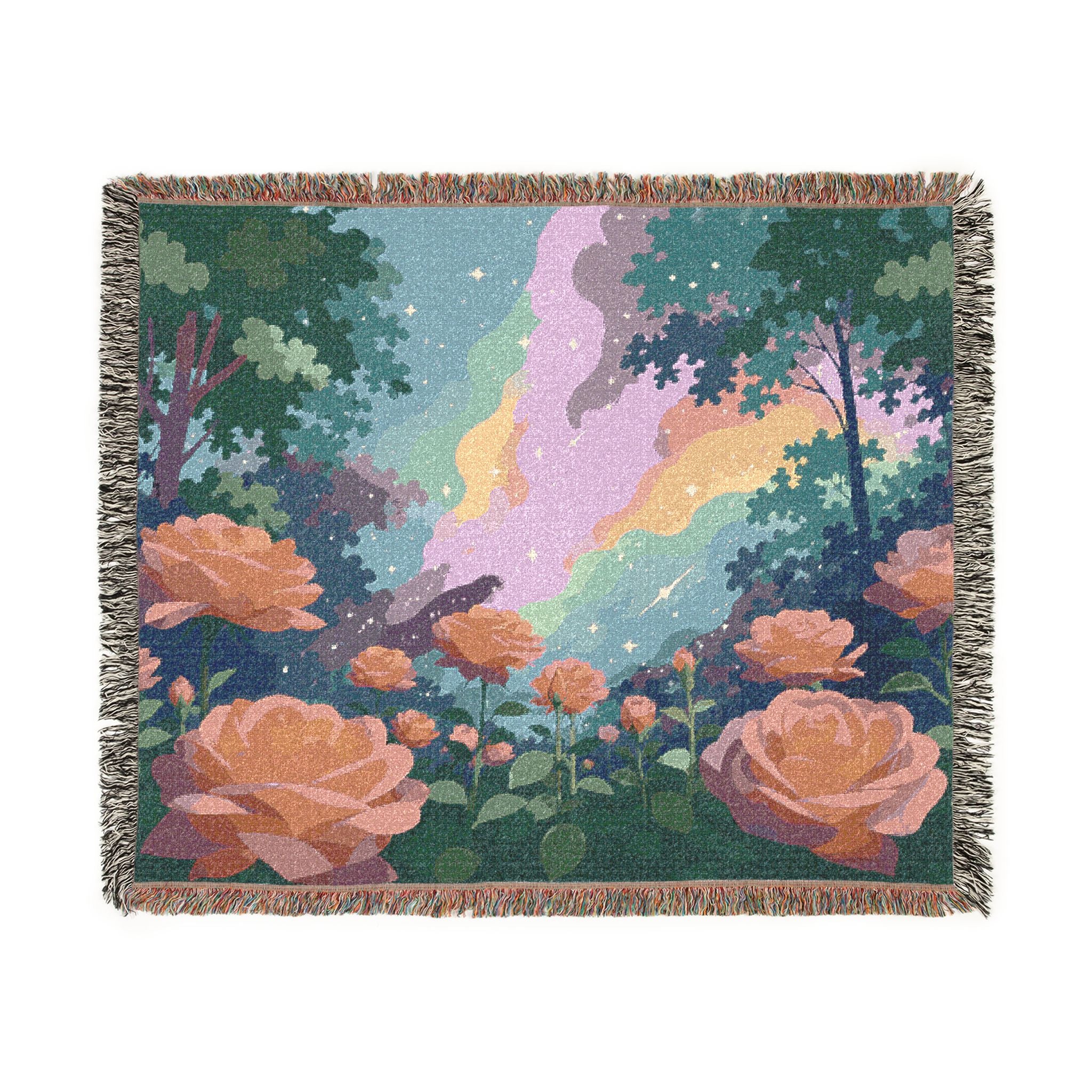 Sunset Rose Meadow Woven Blanket | Floral Landscape Throw