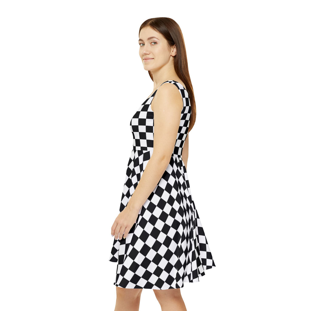 Black White Checkerboard Pattern Skater Dress