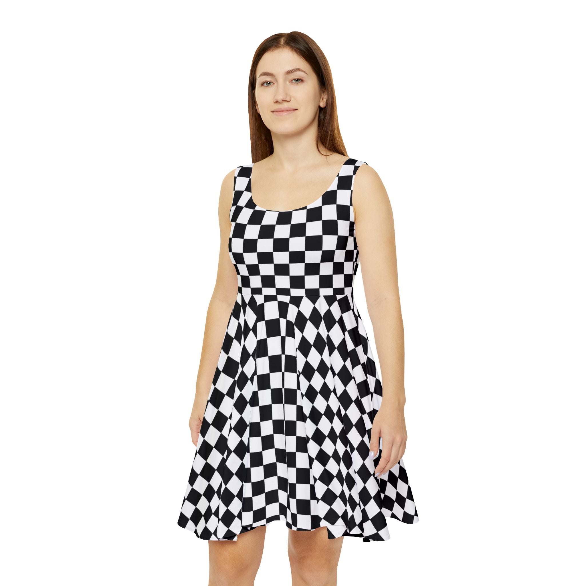 Black White Checkerboard Pattern Skater Dress