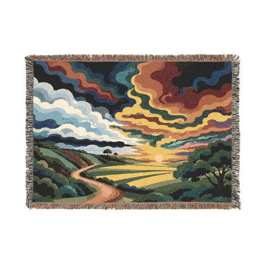 Sunset Landscape Woven Blanket | Scenic Countryside Tapestry Throw
