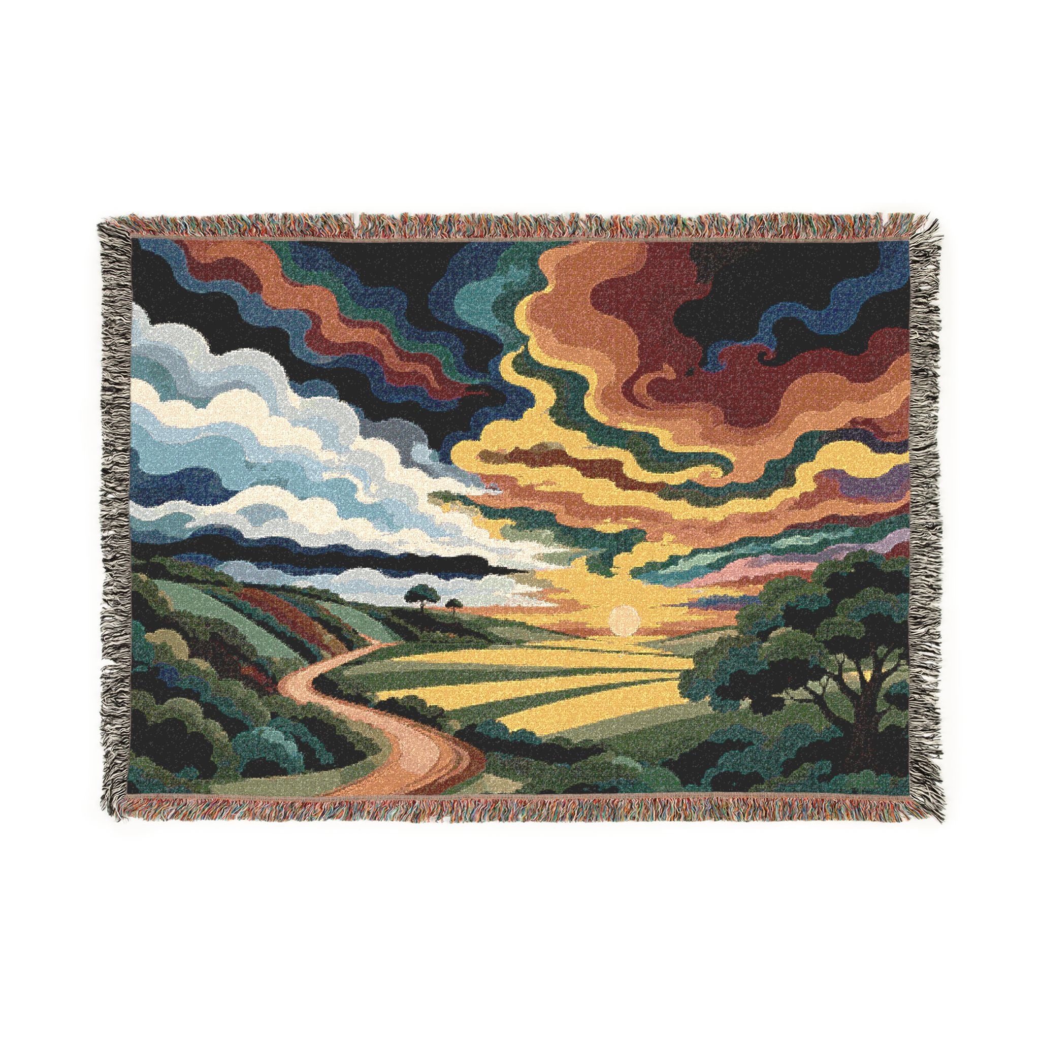 Sunset Landscape Woven Blanket | Scenic Countryside Tapestry Throw