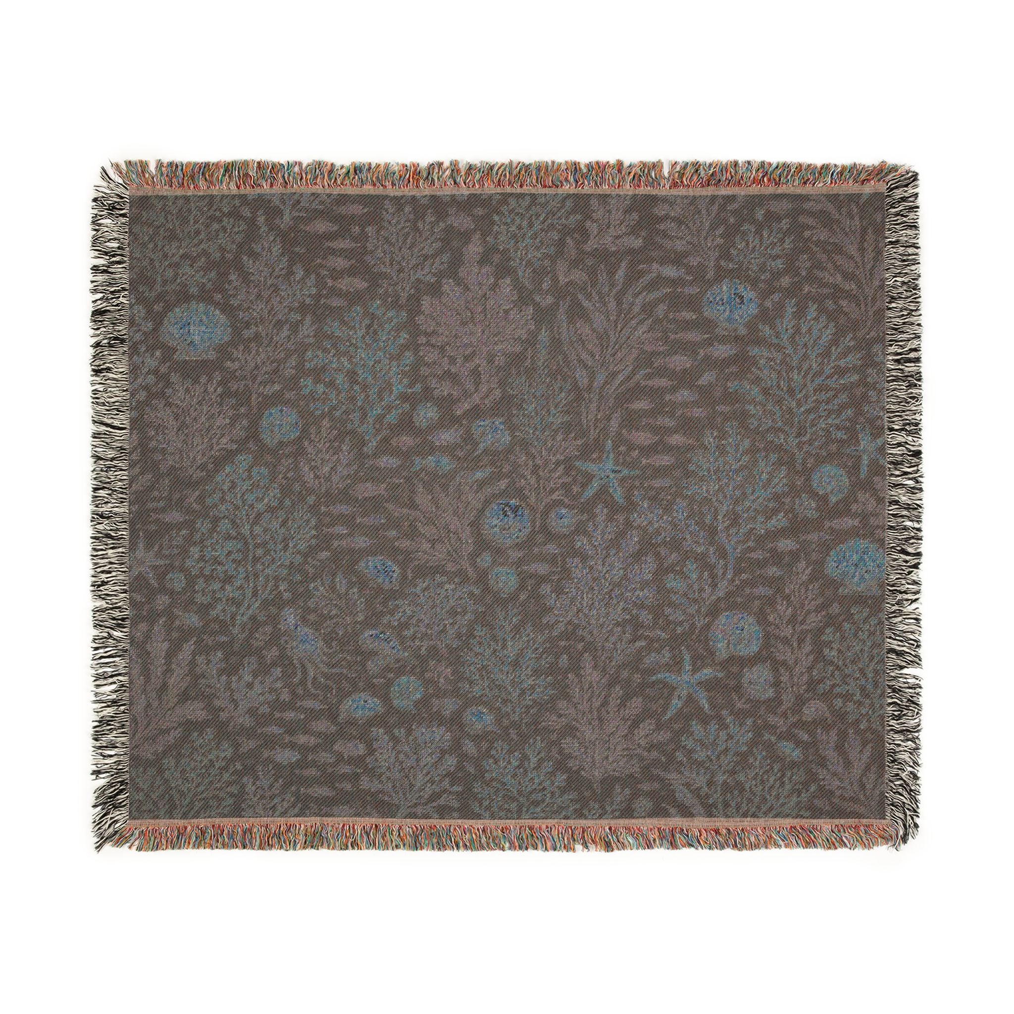 Vintage Sealife Floral Tapestry Woven Blanket | Botanical Throw, Earth Tones