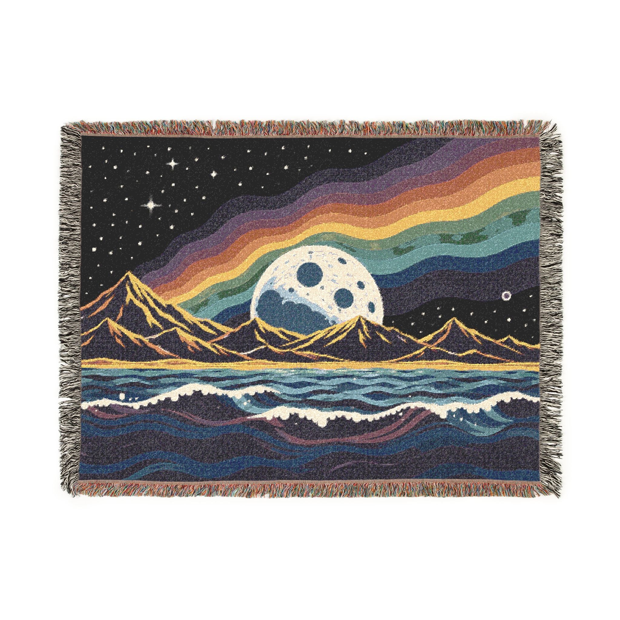 Rainbow Moon Landscape Woven Blanket | Mountain Night Sky Tapestry