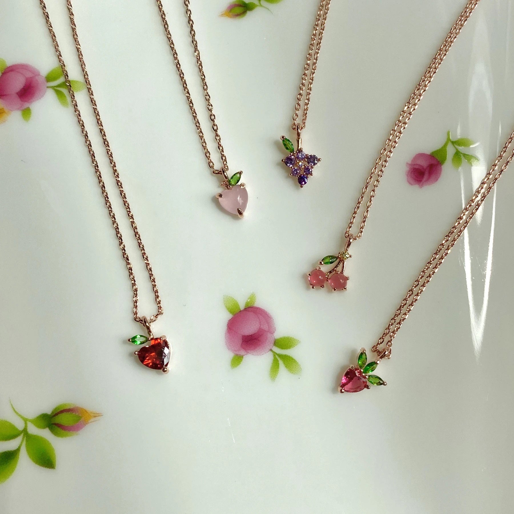 Tropical Fruit Pendant Necklace with Cherry & Peach Design