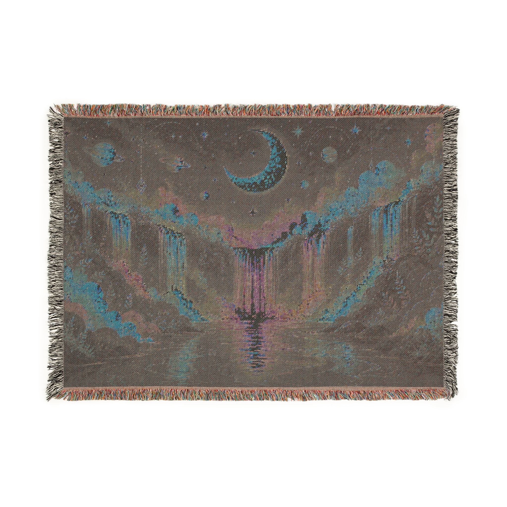 Celestial Moon Waterfall Woven Blanket | Night Sky Tapestry Throw