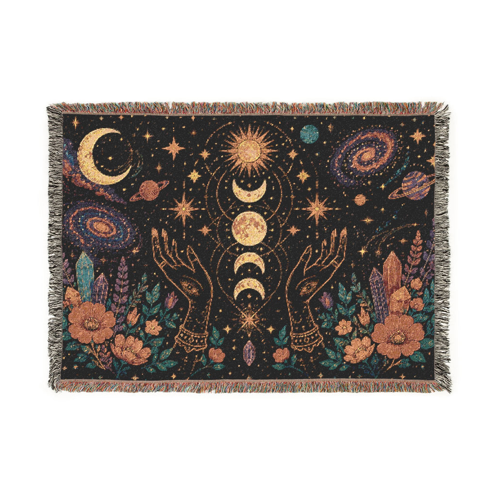 Celestial Moon Phases Woven Blanket | Sun, Stars & Floral Tapestry Throw
