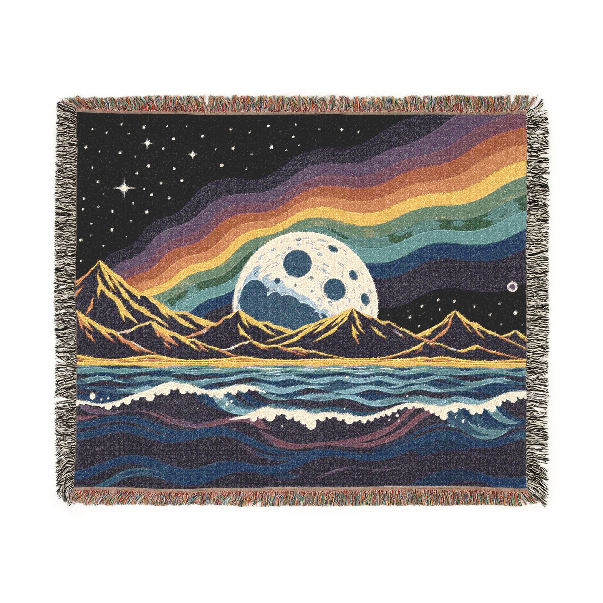 Rainbow Moon Landscape Woven Blanket | Mountain Night Sky Tapestry
