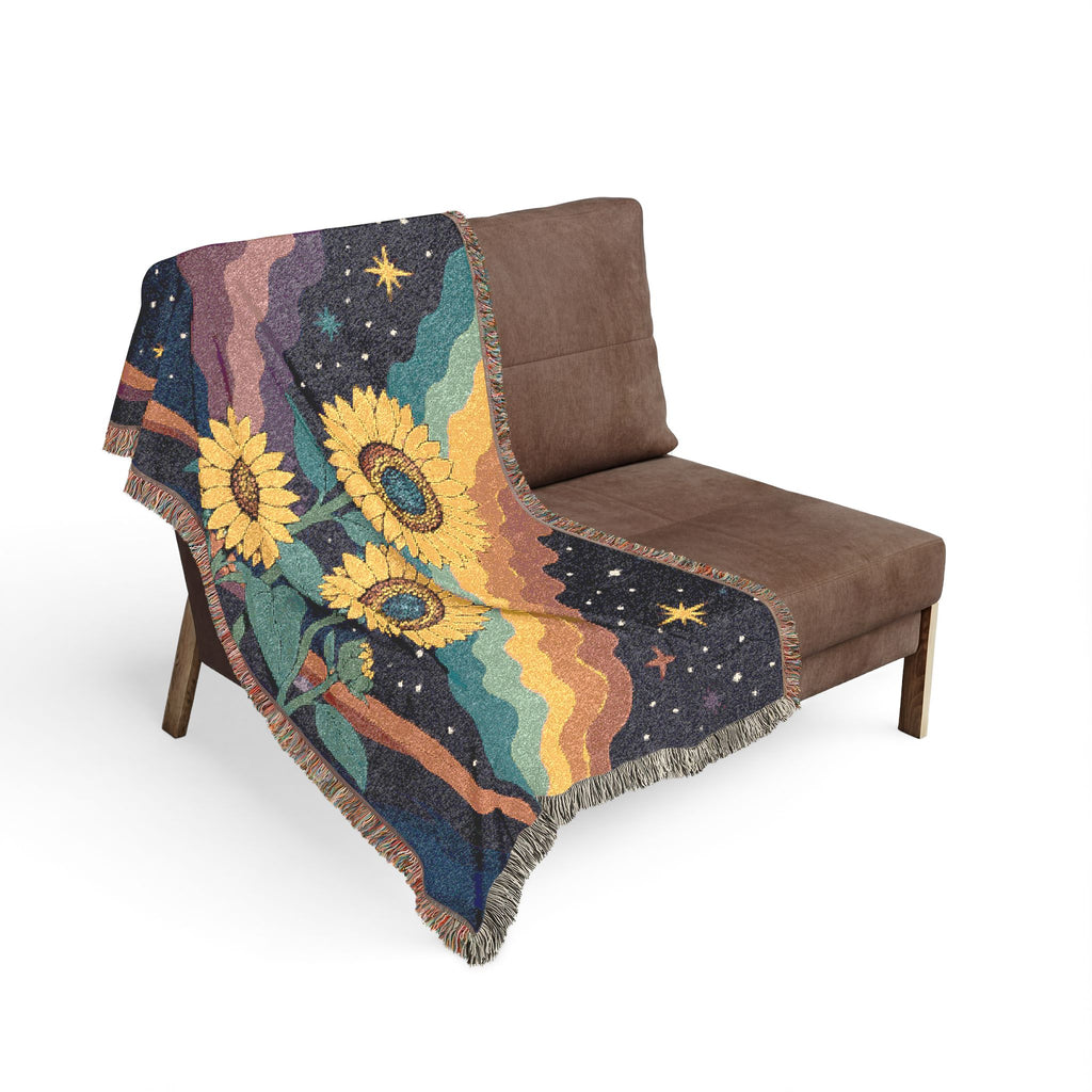 Sunflower Nightscape Woven Blanket | Retro Celestial Tapestry