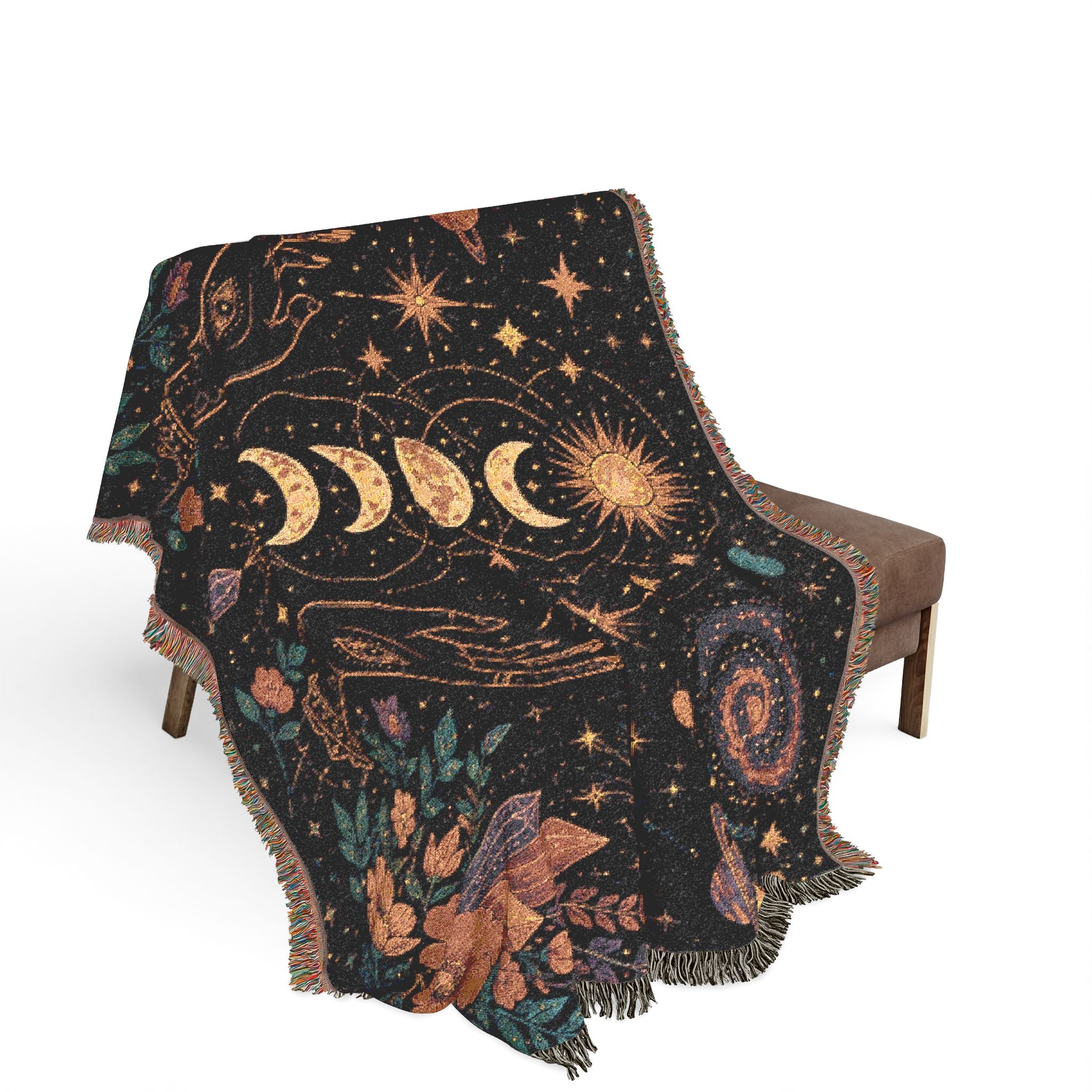 Celestial Moon Phases Woven Blanket | Sun, Stars & Floral Tapestry Throw