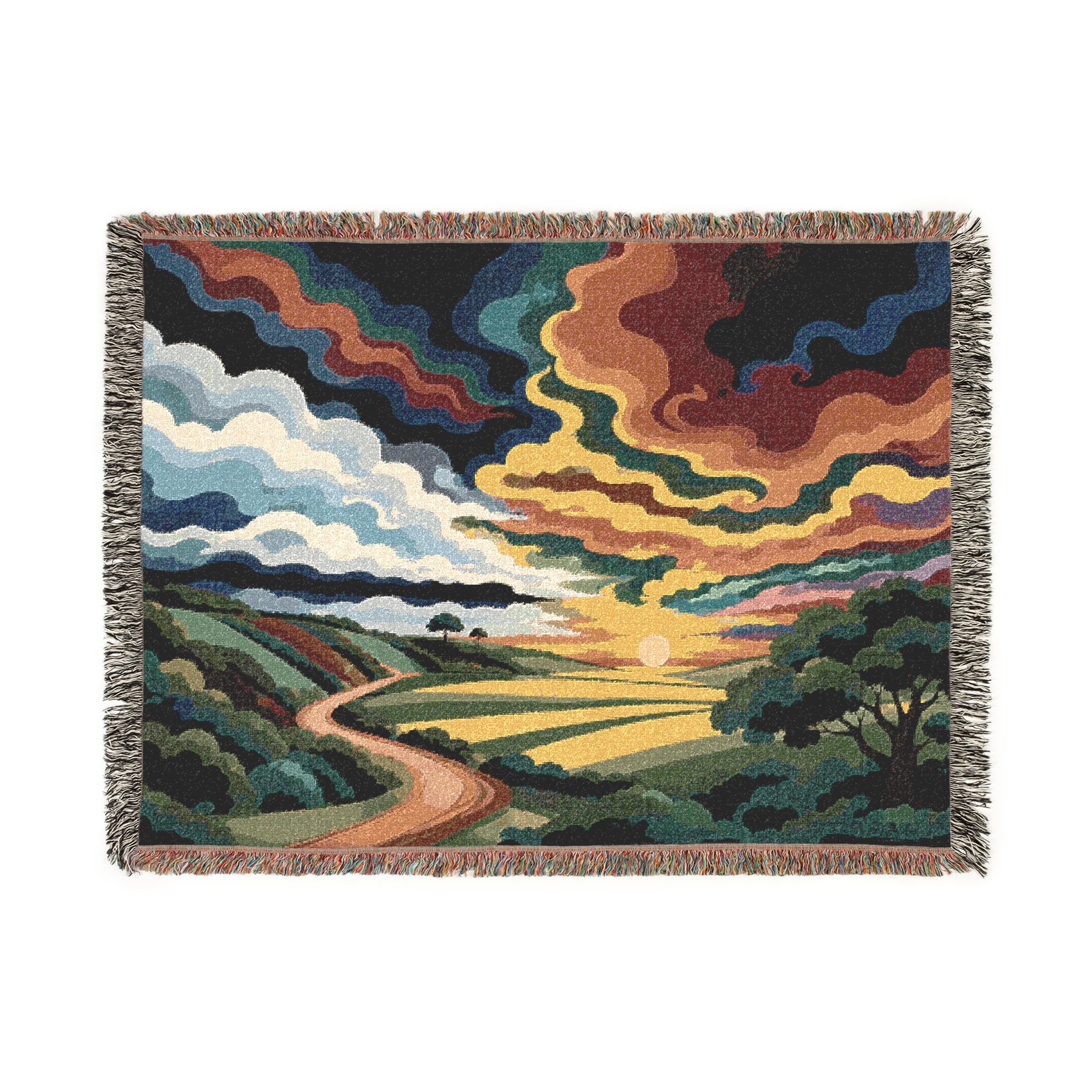 Sunset Landscape Woven Blanket | Scenic Countryside Tapestry Throw