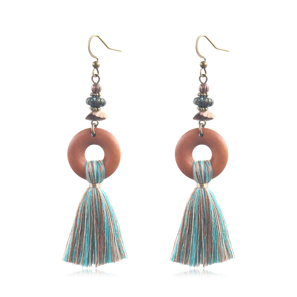 Geometric Wooden Circle Tassel Earrings