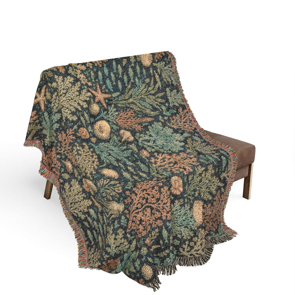 Vintage Sealife Floral Tapestry Woven Blanket | Botanical Throw, Earth Tones