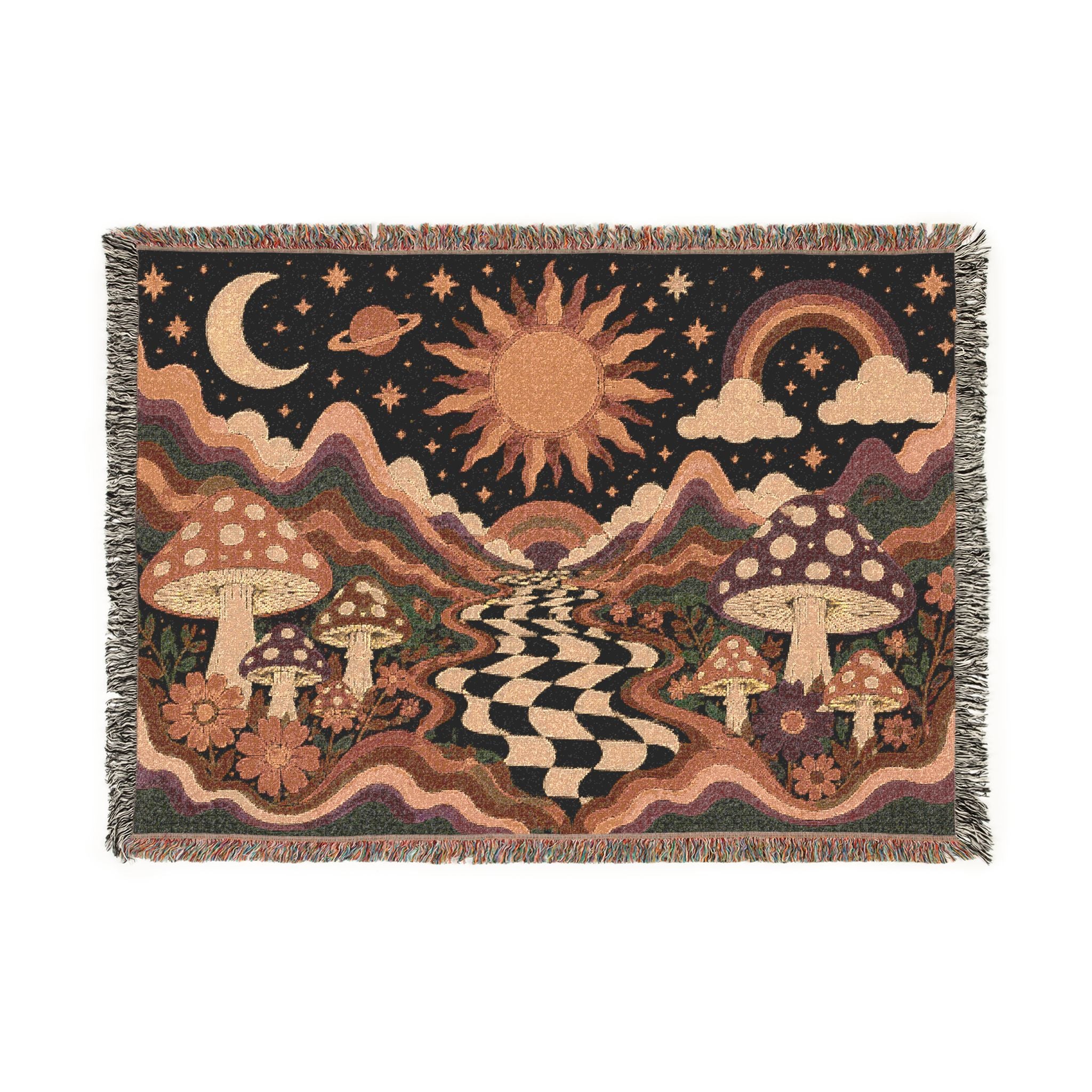 Psychedelic Mushroom Sunscape Woven Blanket | Retro Checkerboard Path