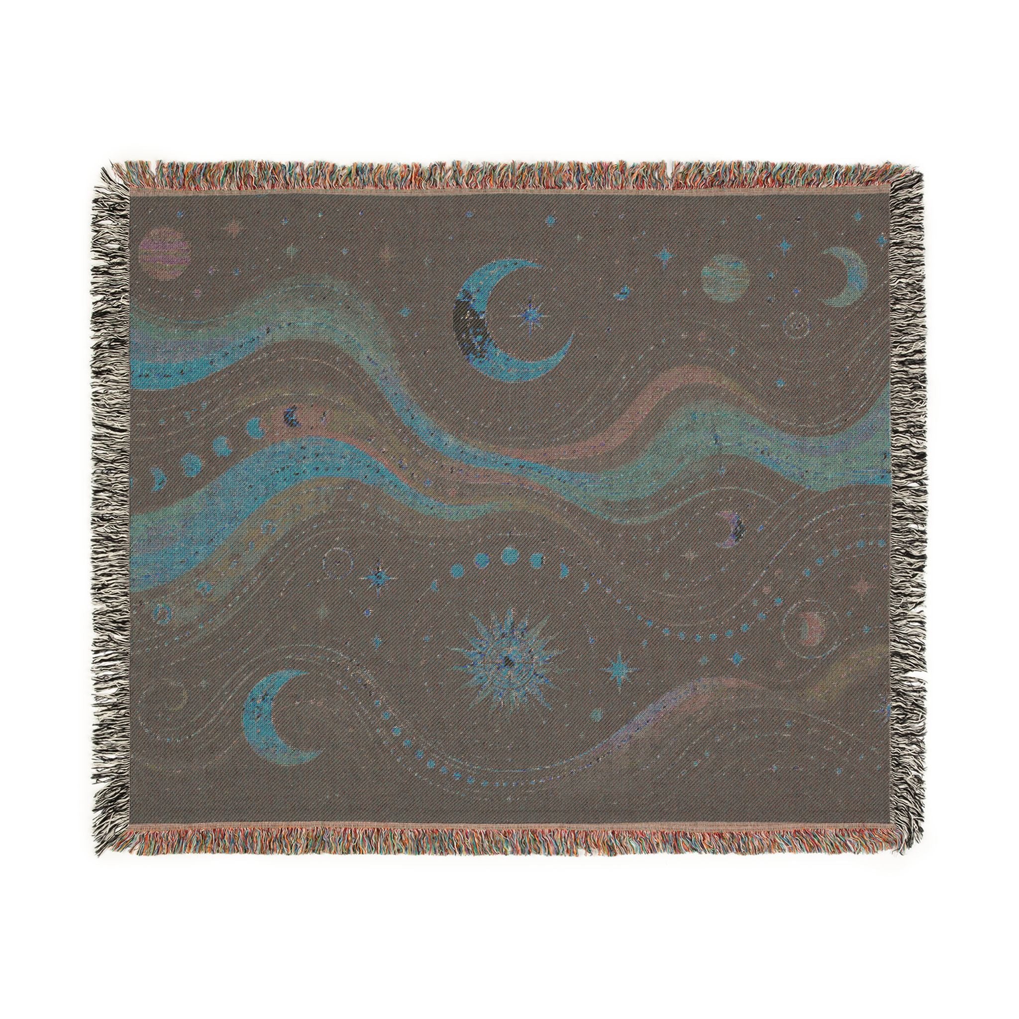 Celestial Waves Woven Blanket | Moon Stars Tapestry Throw