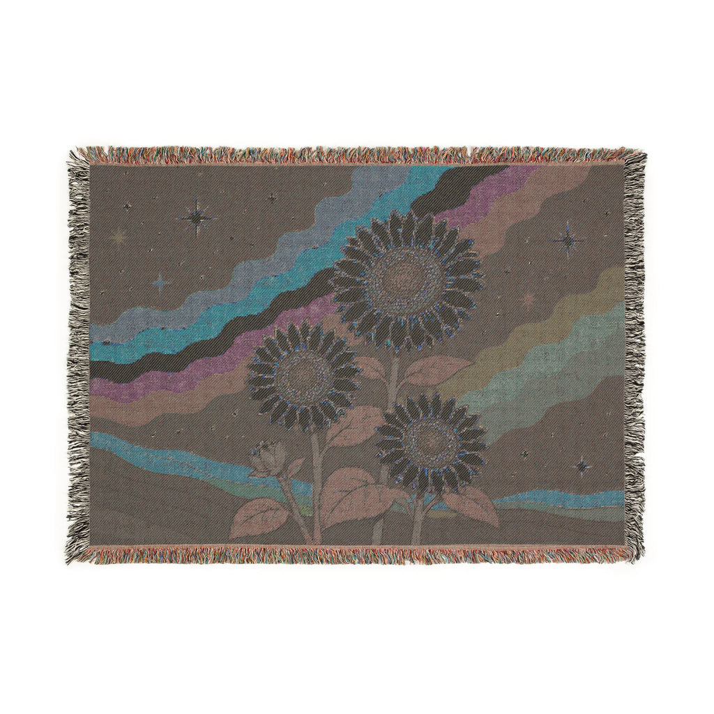 Sunflower Nightscape Woven Blanket | Retro Celestial Tapestry