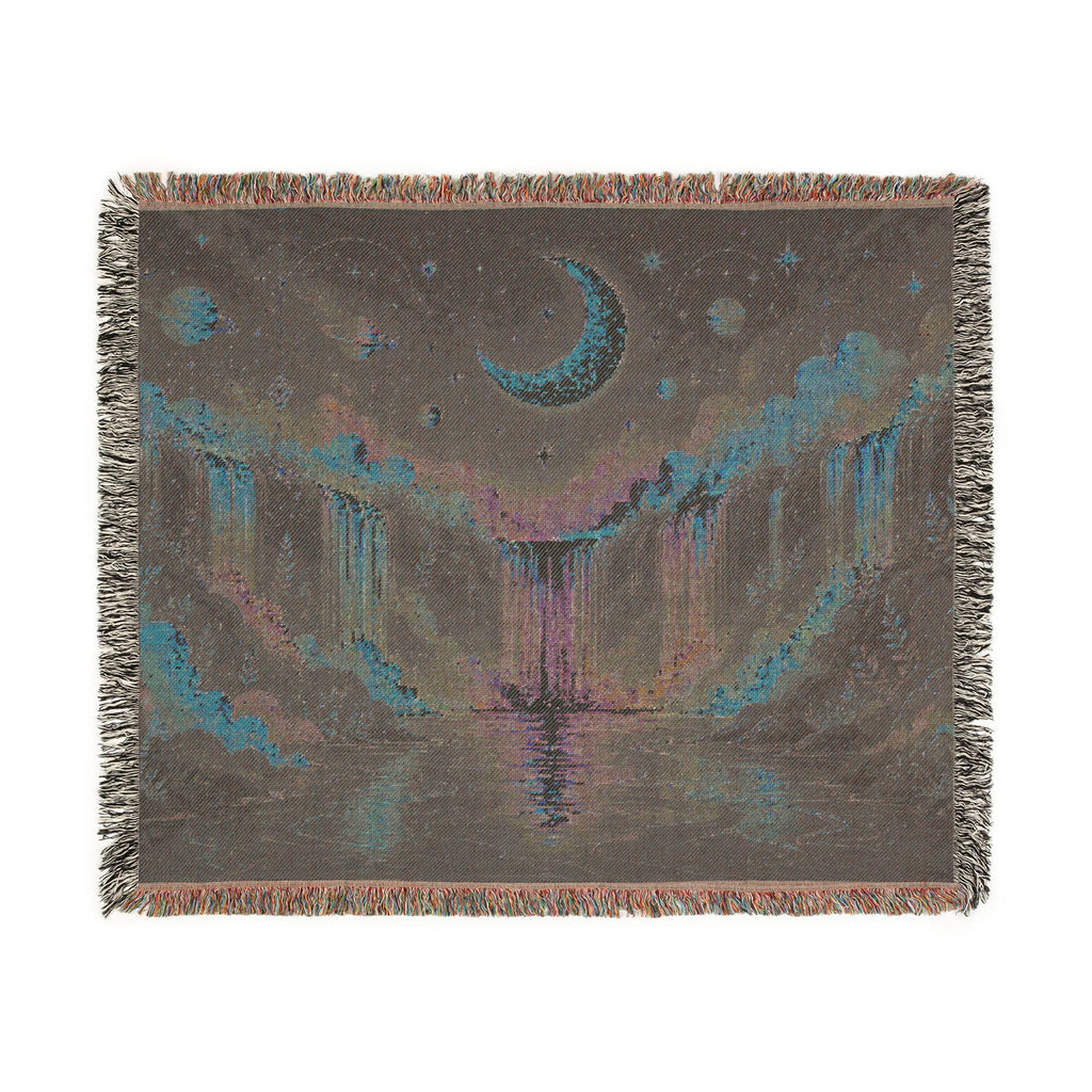 Celestial Moon Waterfall Woven Blanket | Night Sky Tapestry Throw