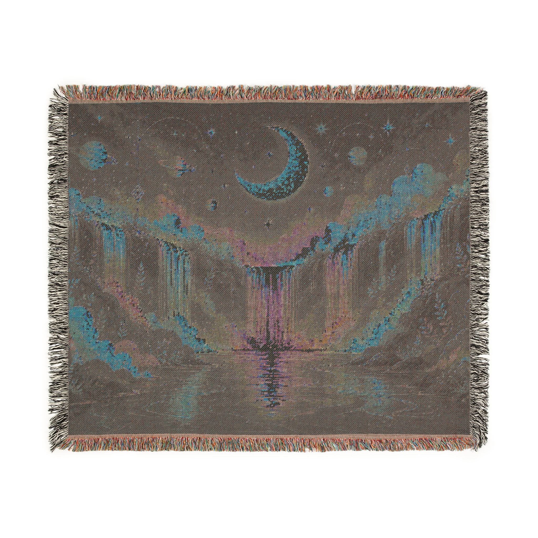 Celestial Moon Waterfall Woven Blanket | Night Sky Tapestry Throw
