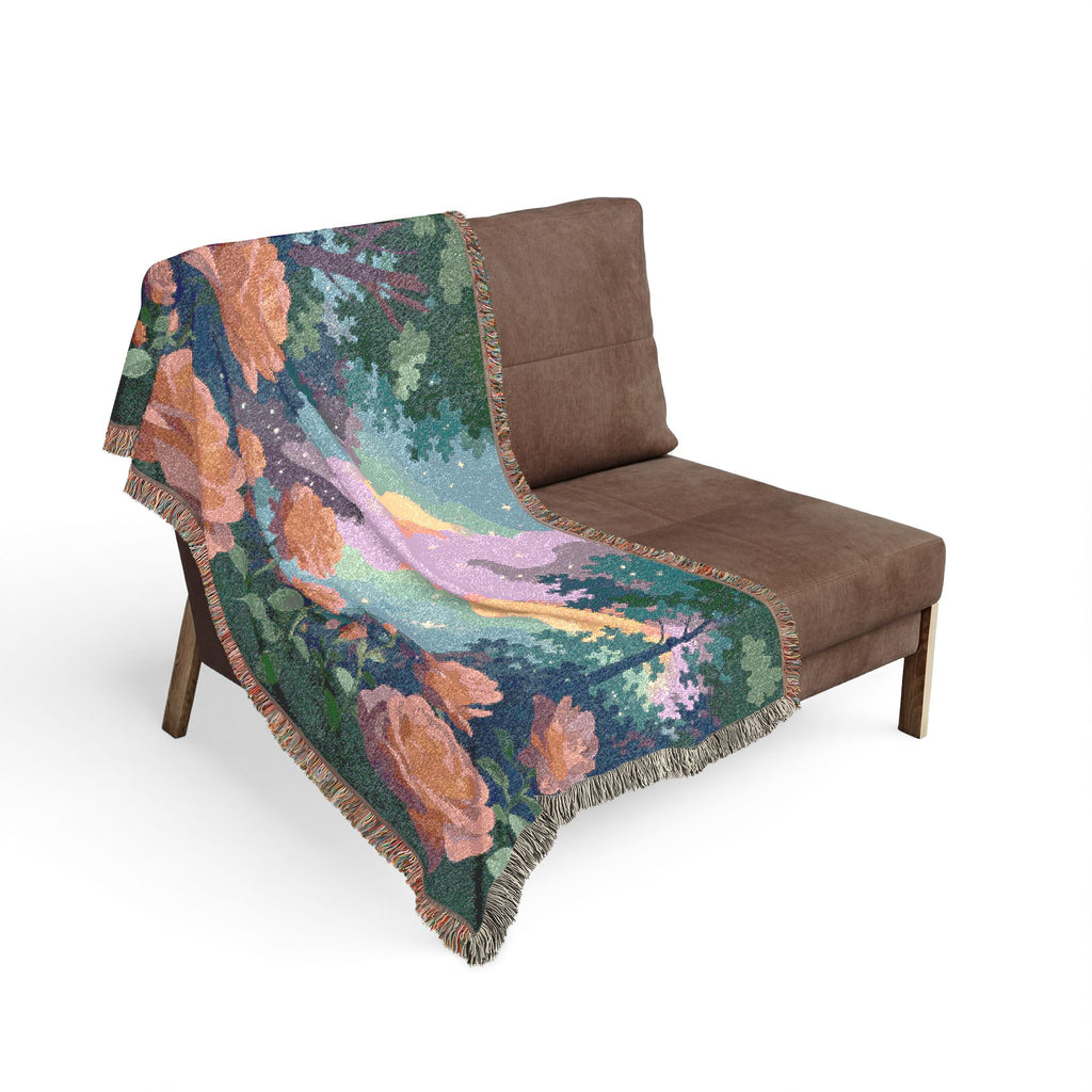 Sunset Rose Meadow Woven Blanket | Floral Landscape Throw