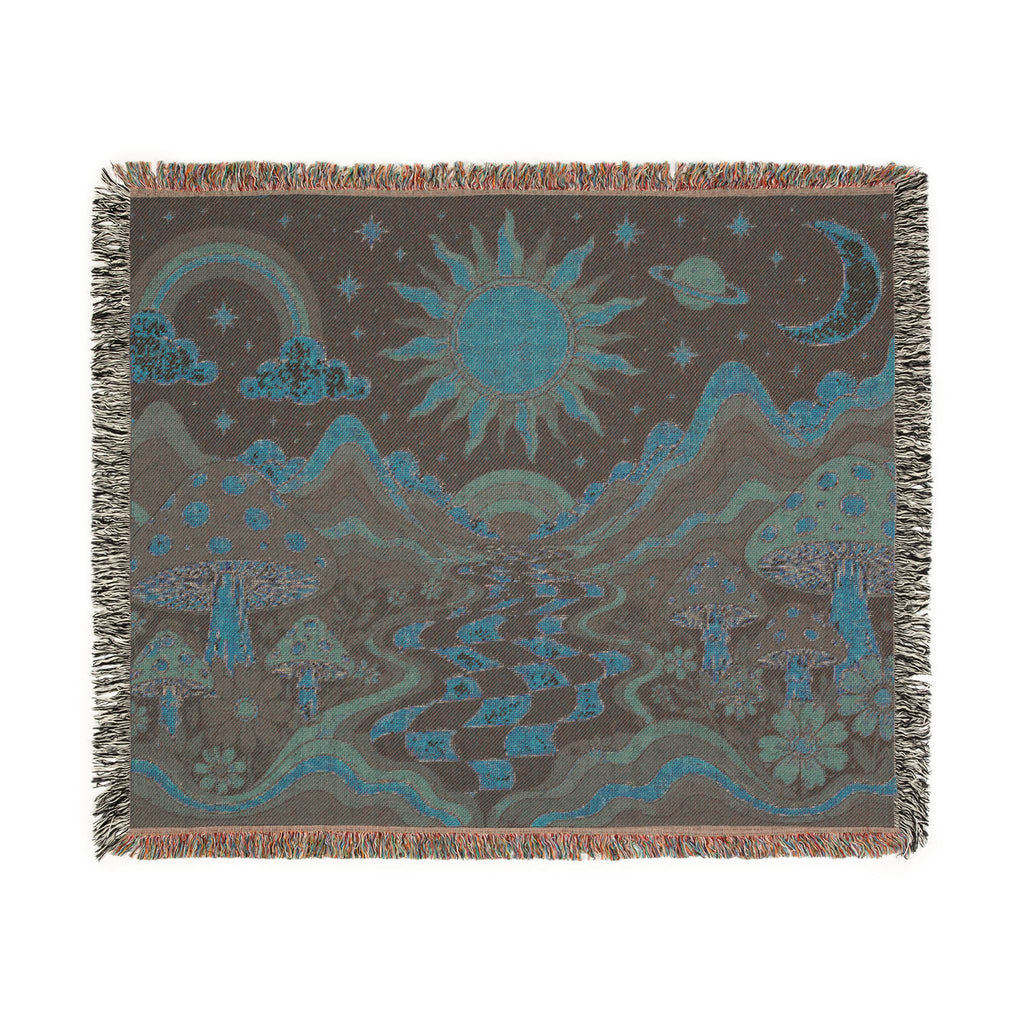 Psychedelic Mushroom Sunscape Woven Blanket | Retro Checkerboard Path