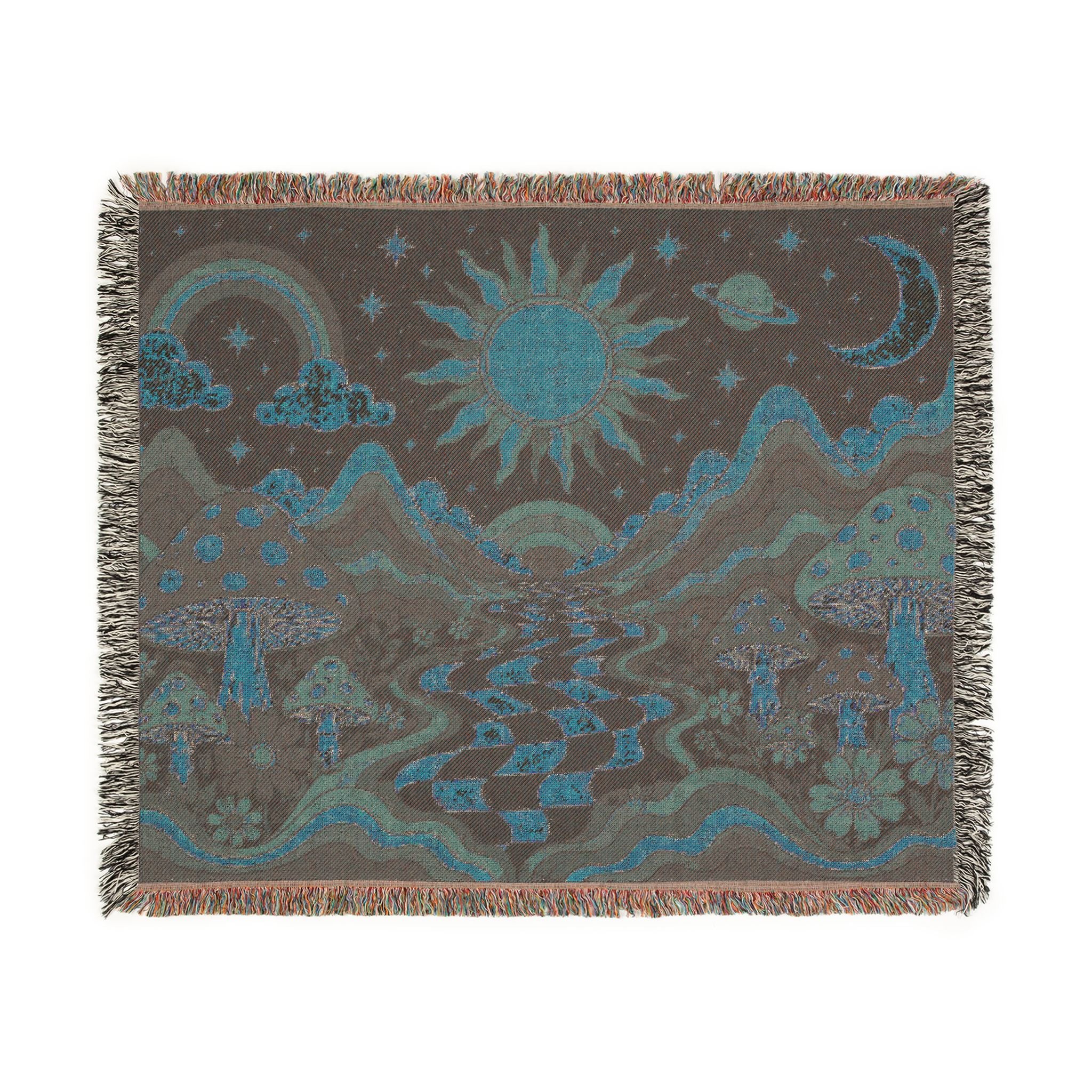 Psychedelic Mushroom Sunscape Woven Blanket | Retro Checkerboard Path