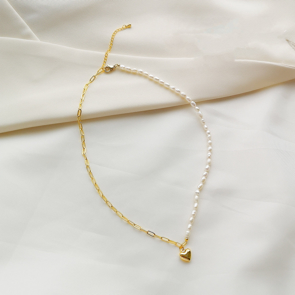 14K Gold Heart Pendant with Freshwater Pearl Necklace