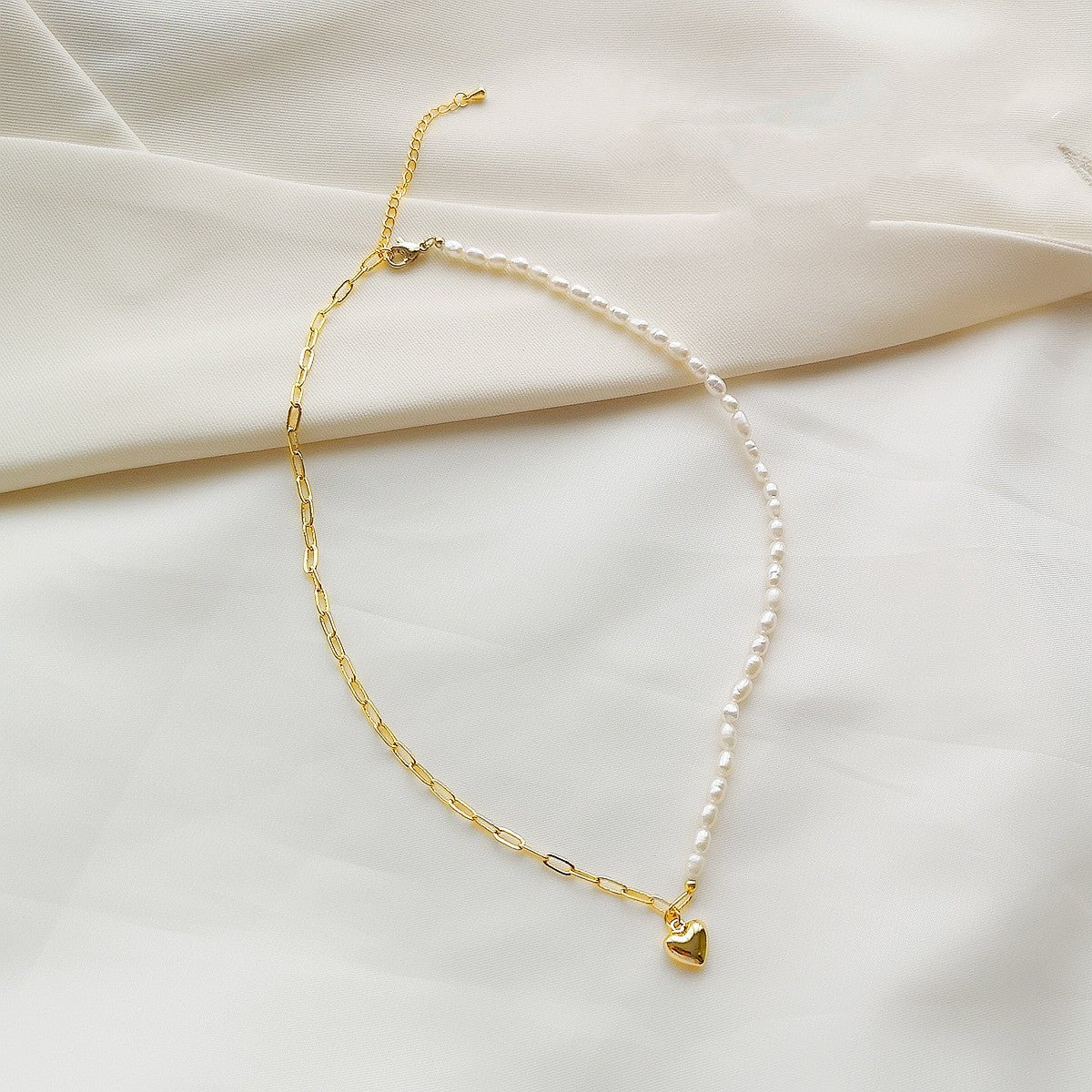 14K Gold Heart Pendant with Freshwater Pearl Necklace