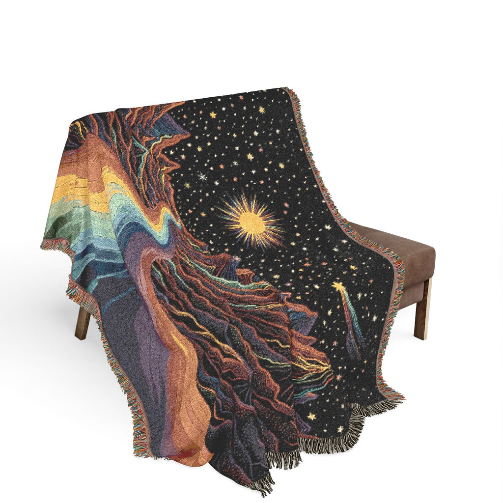 Cosmic Rainbow River Woven Blanket | Starry Night Mountain Tapestry Throw
