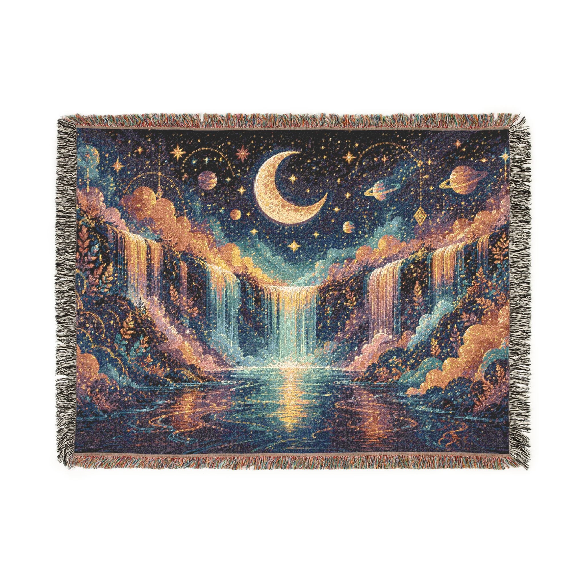 Celestial Moon Waterfall Woven Blanket | Night Sky Tapestry Throw