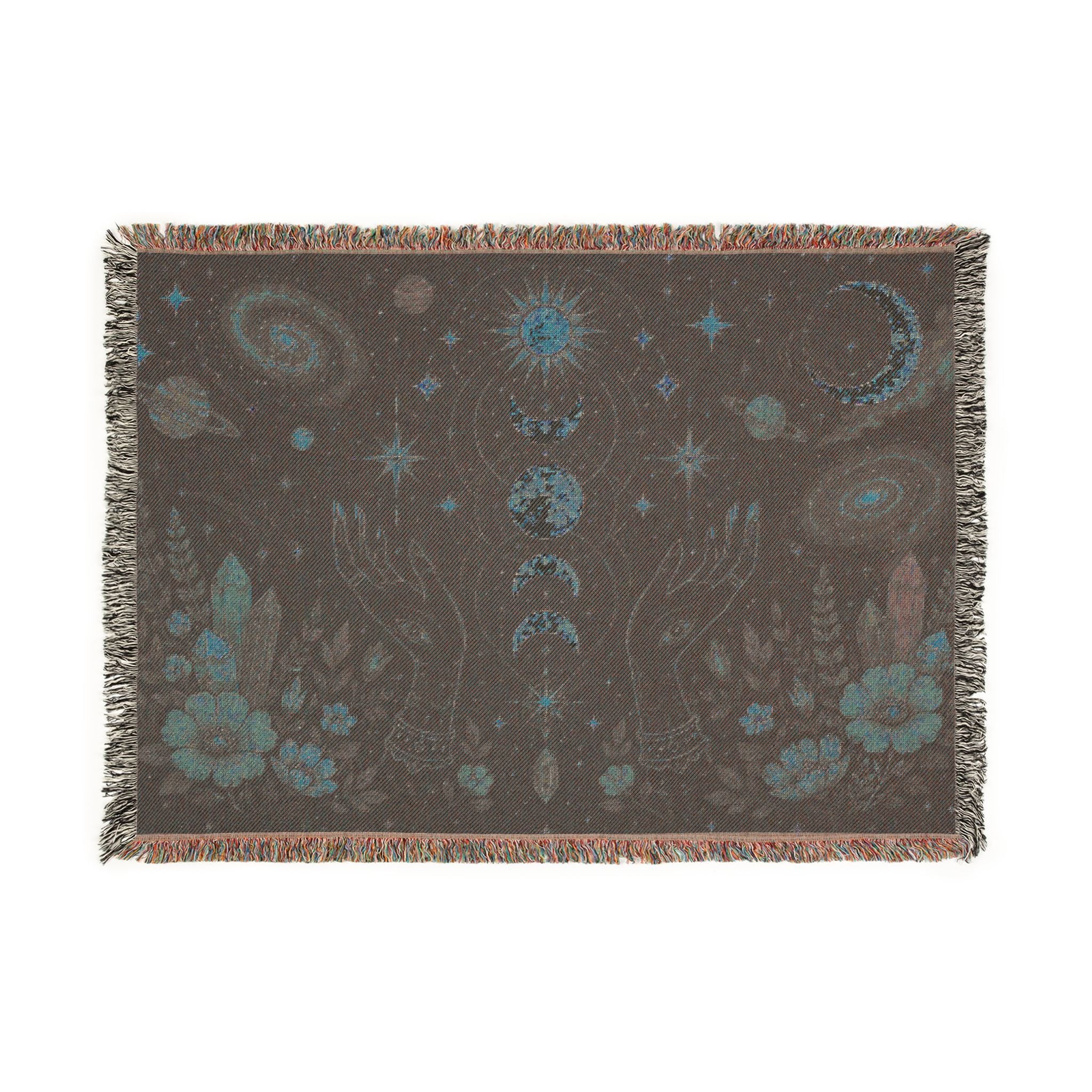Celestial Moon Phases Woven Blanket | Sun, Stars & Floral Tapestry Throw