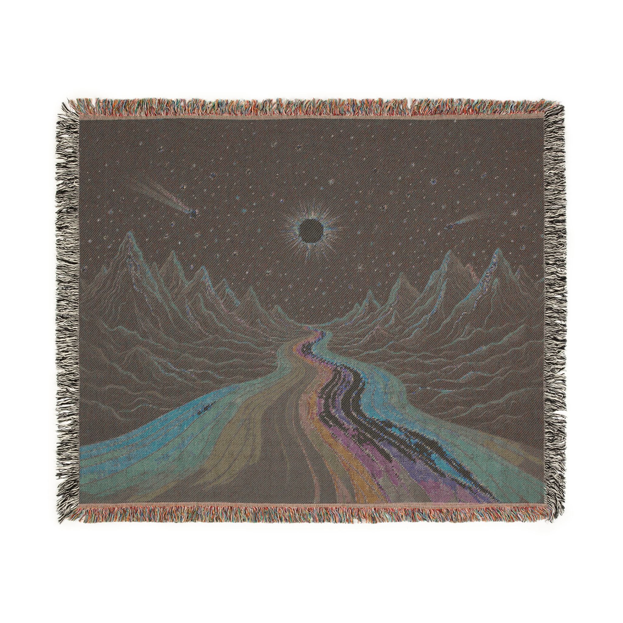 Cosmic Rainbow River Woven Blanket | Starry Night Mountain Tapestry Throw