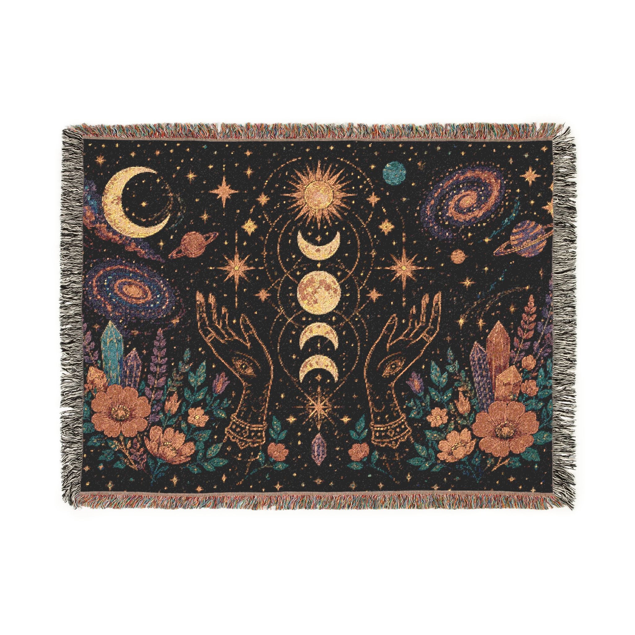 Celestial Moon Phases Woven Blanket | Sun, Stars & Floral Tapestry Throw