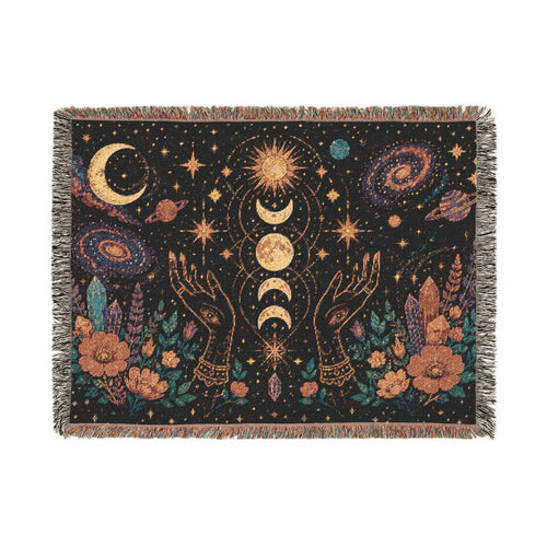 Celestial Moon Phases Woven Blanket | Sun, Stars & Floral Tapestry Throw