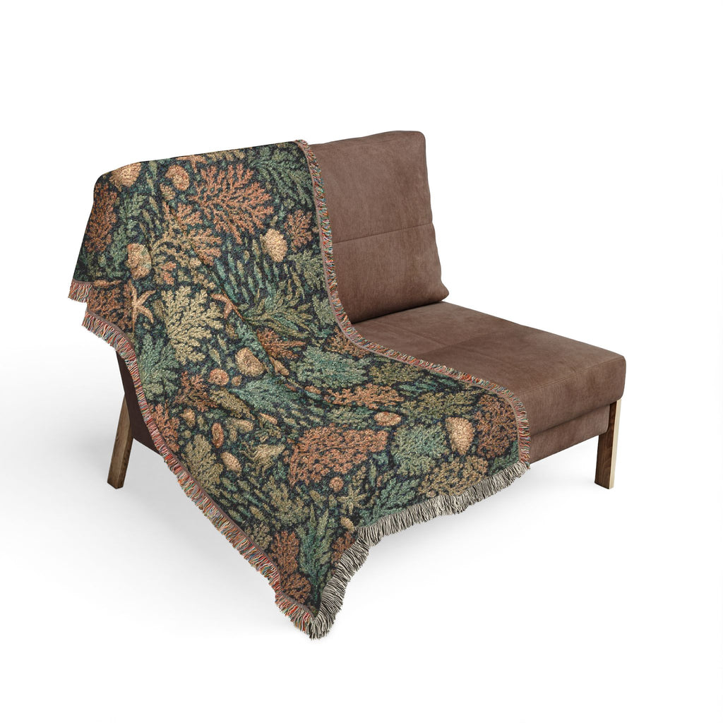 Vintage Sealife Floral Tapestry Woven Blanket | Botanical Throw, Earth Tones