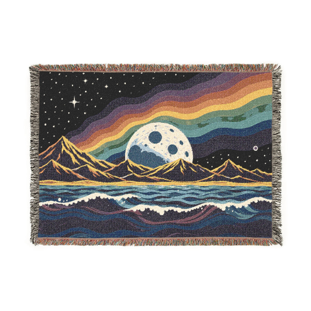 Rainbow Moon Landscape Woven Blanket | Mountain Night Sky Tapestry