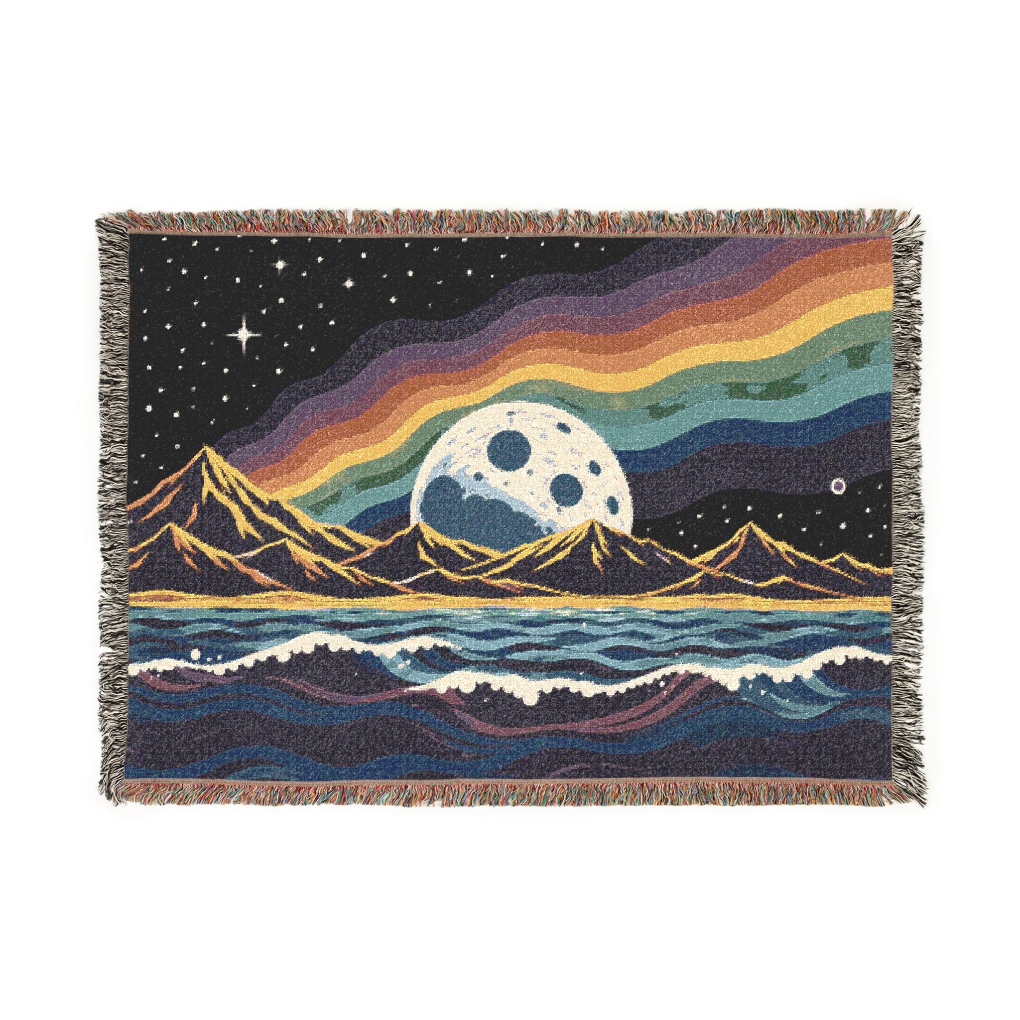 Rainbow Moon Landscape Woven Blanket | Mountain Night Sky Tapestry