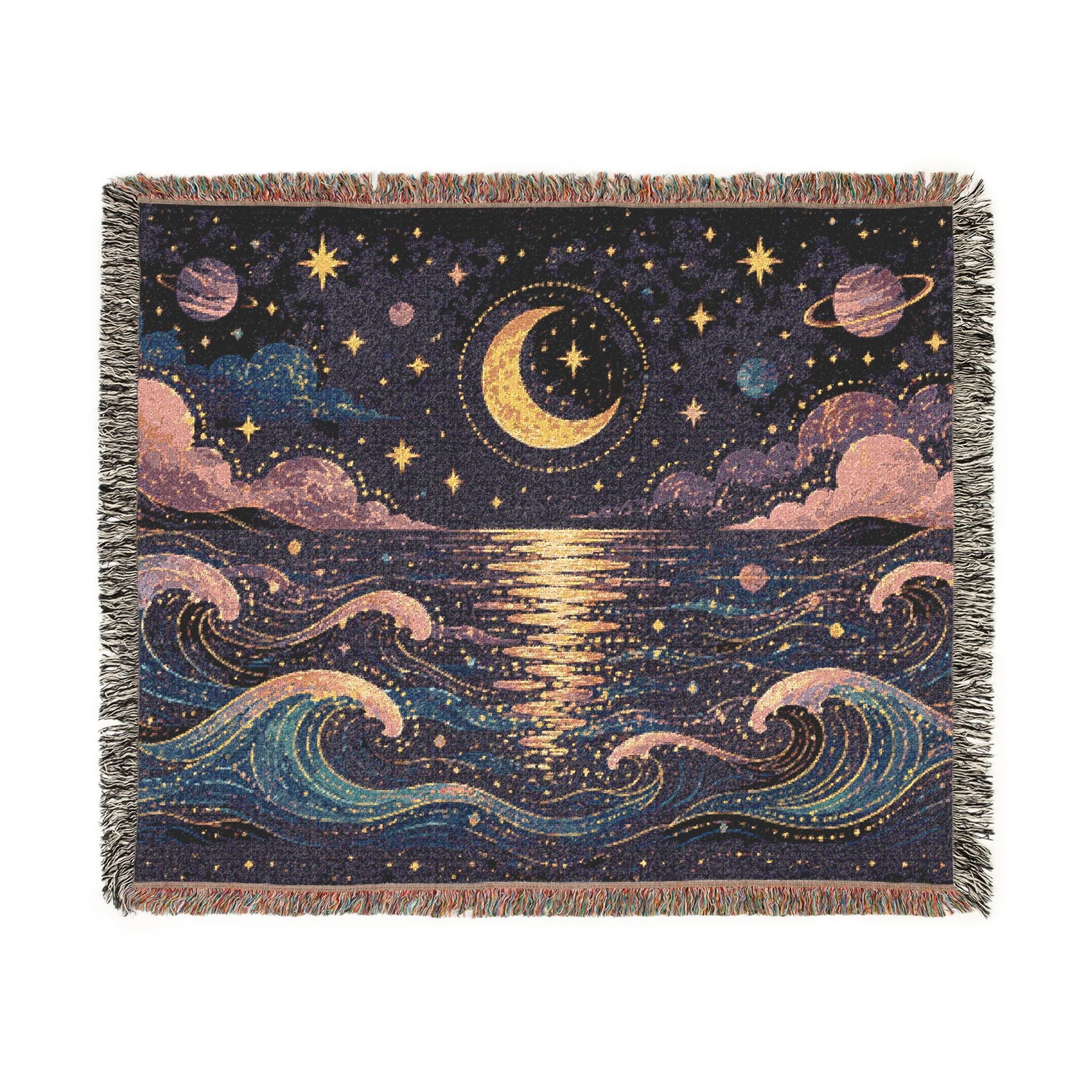 Crescent Moon Over Ocean Woven Blanket | Starry Night Tapestry Throw