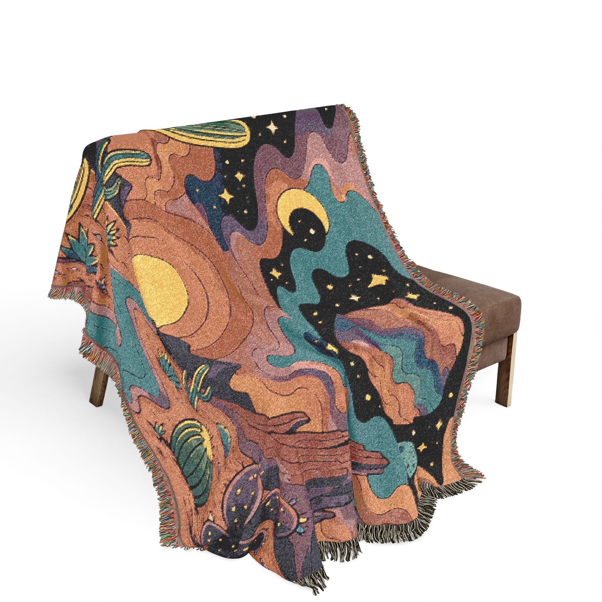 Desert Sunset Cosmic Landscape Woven Blanket | Southwestern Cactus Tapestry