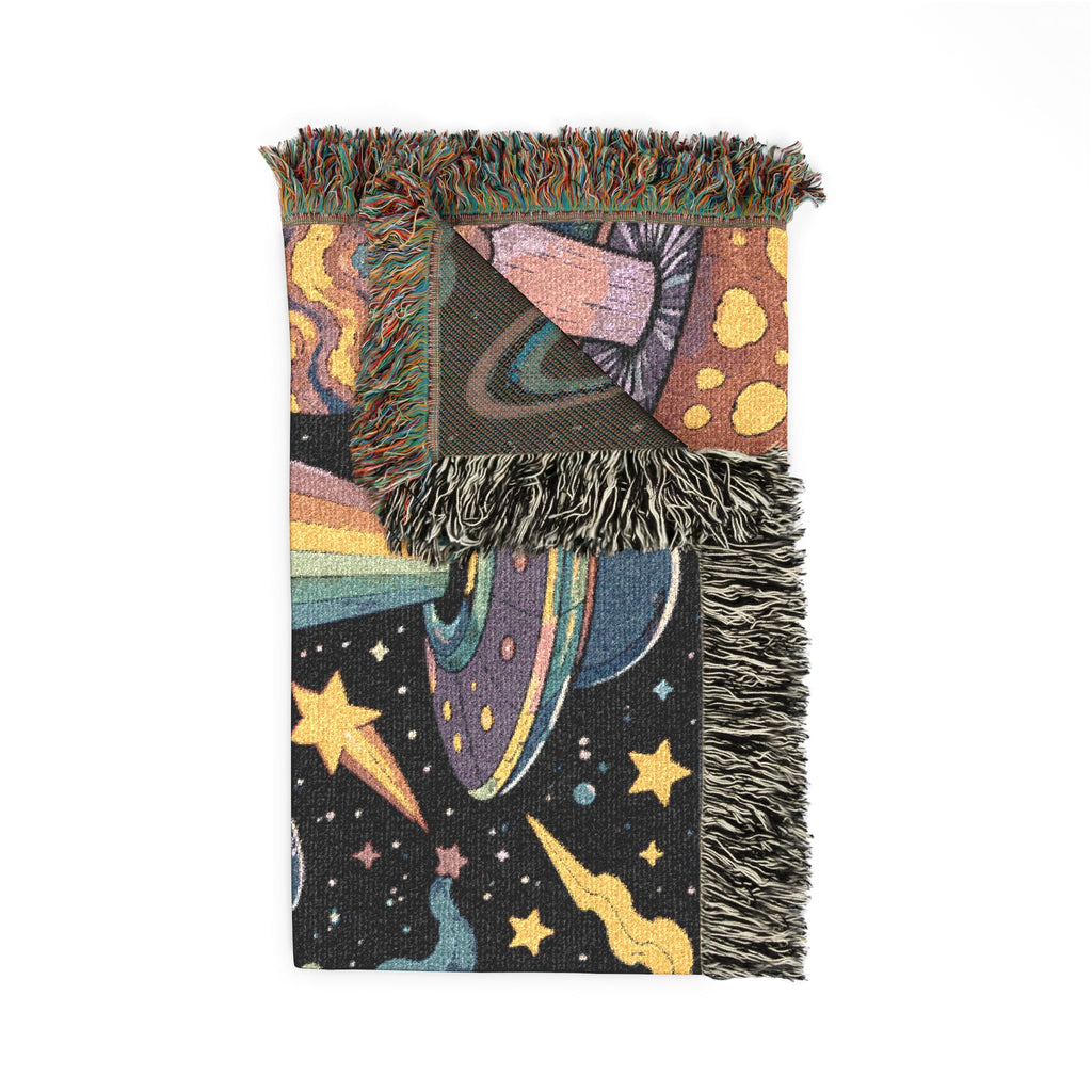 Psychedelic Alien Mushroom Scene Woven Blanket | Space UFO Tapestry Throw