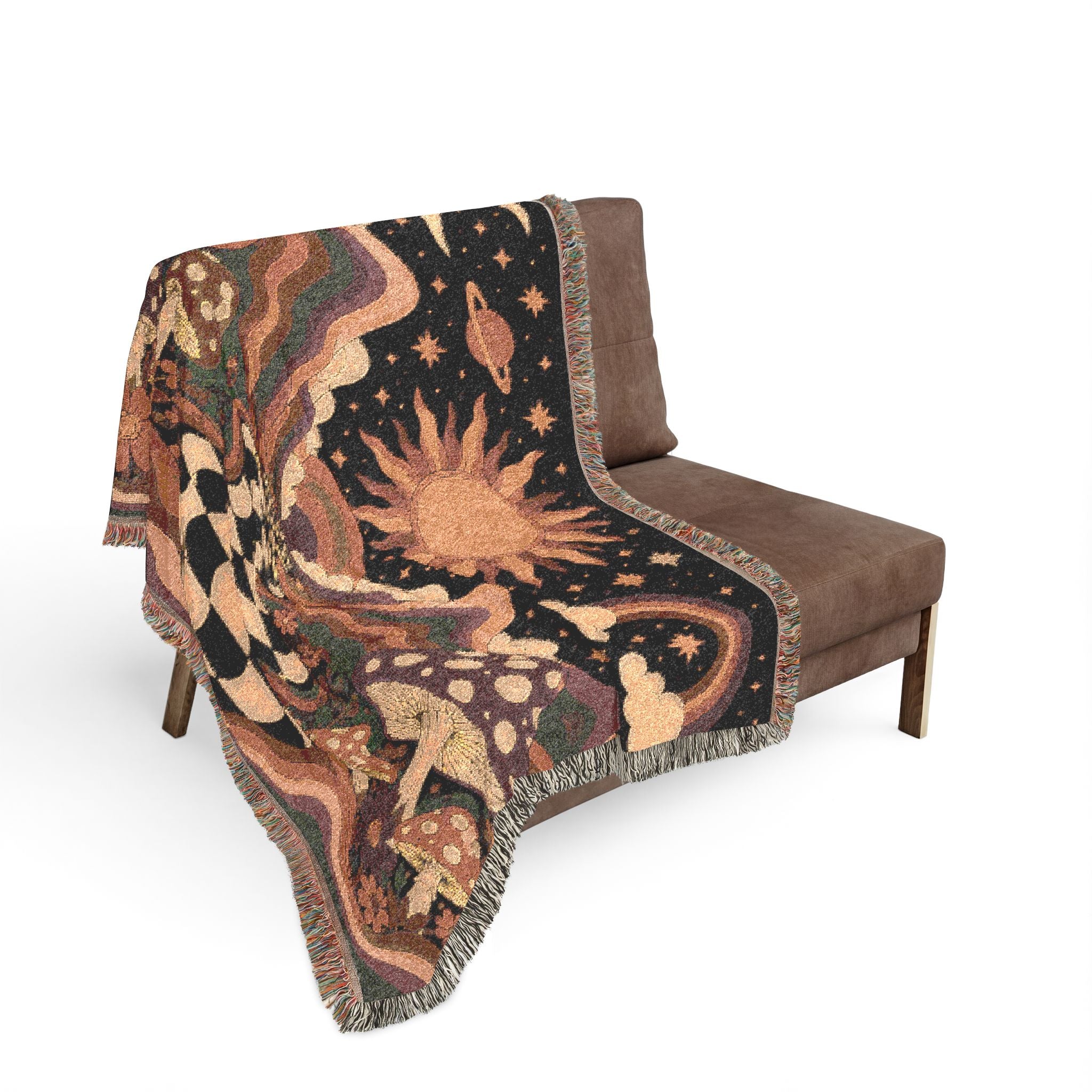 Psychedelic Mushroom Sunscape Woven Blanket | Retro Checkerboard Path