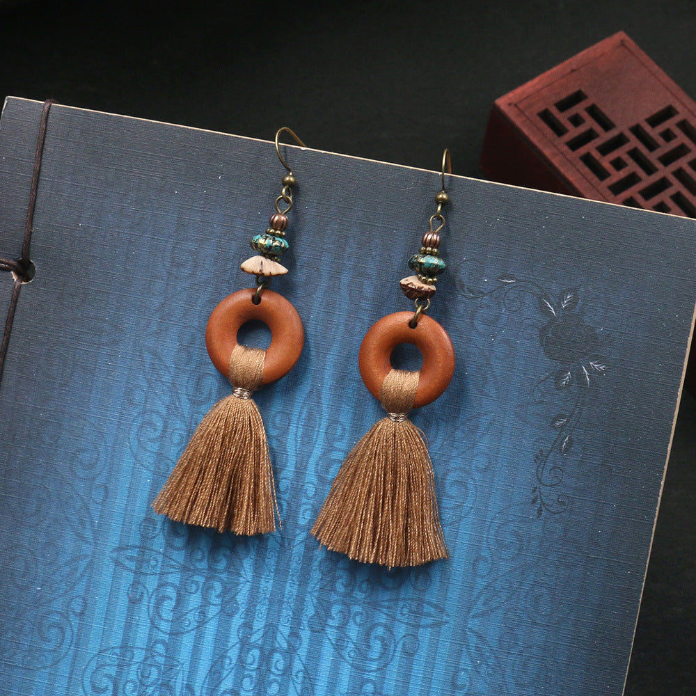 Geometric Wooden Circle Tassel Earrings