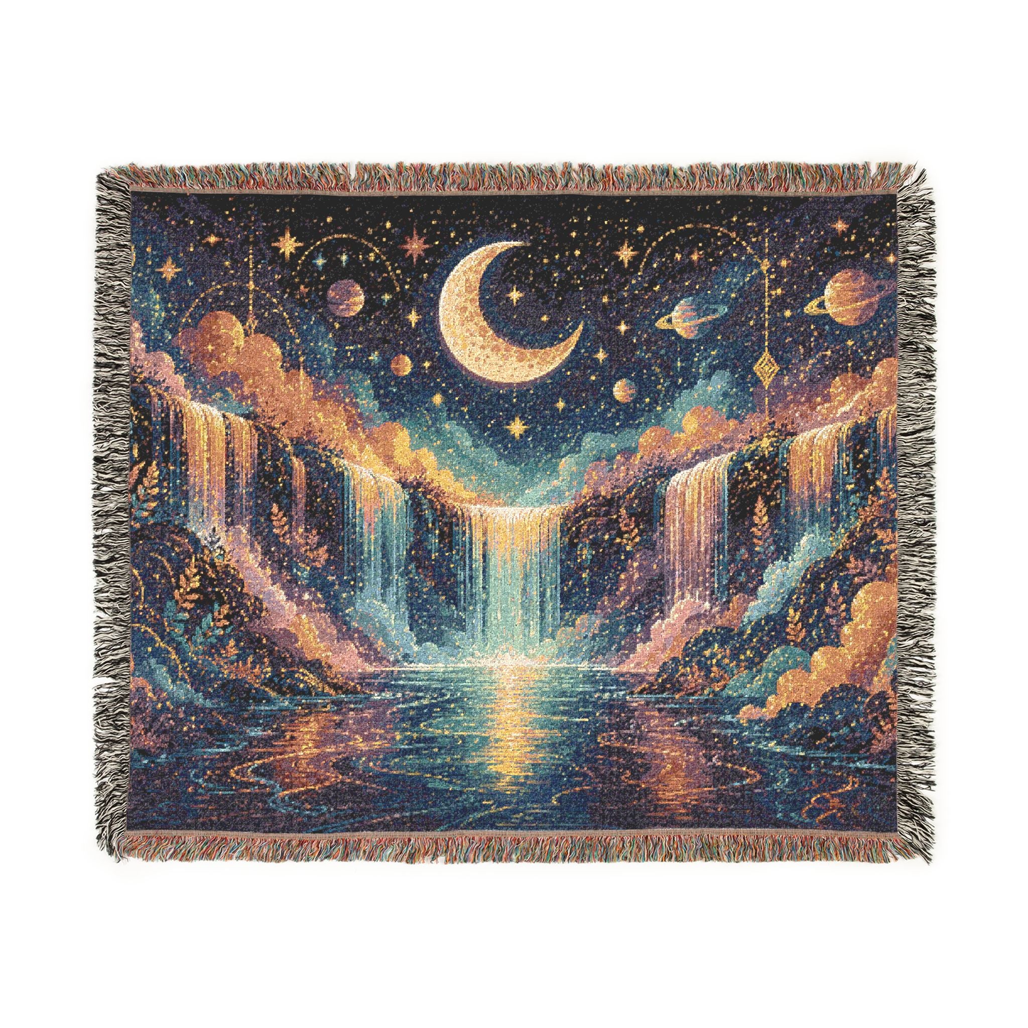 Celestial Moon Waterfall Woven Blanket | Night Sky Tapestry Throw