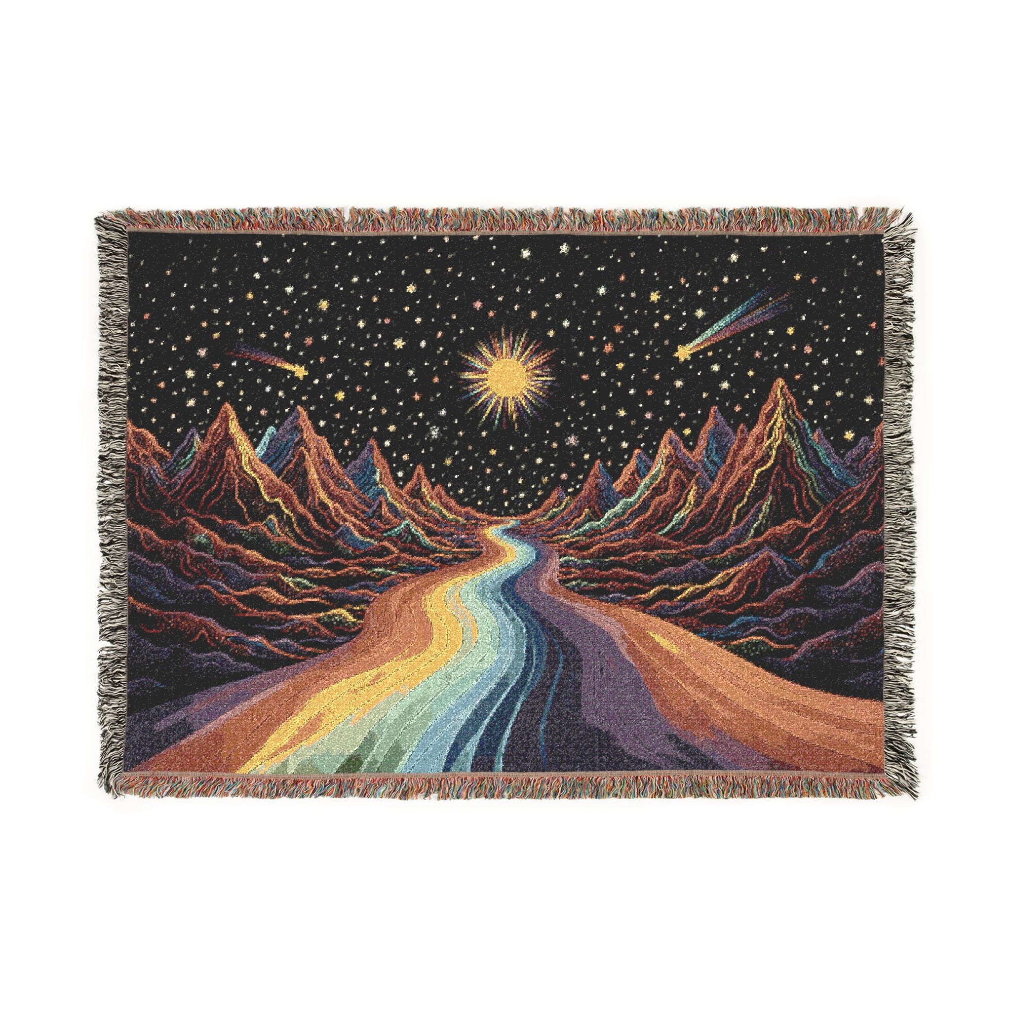 Cosmic Rainbow River Woven Blanket | Starry Night Mountain Tapestry Throw