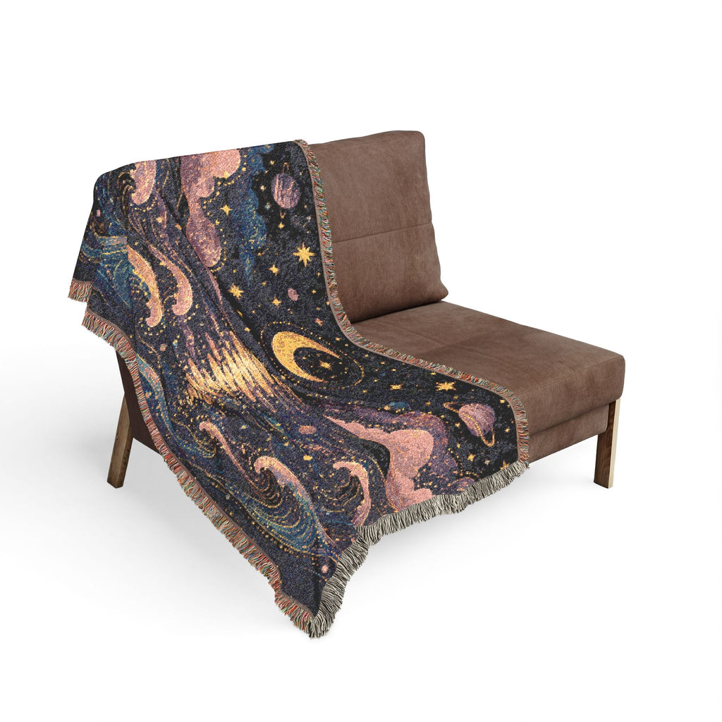 Crescent Moon Over Ocean Woven Blanket | Starry Night Tapestry Throw