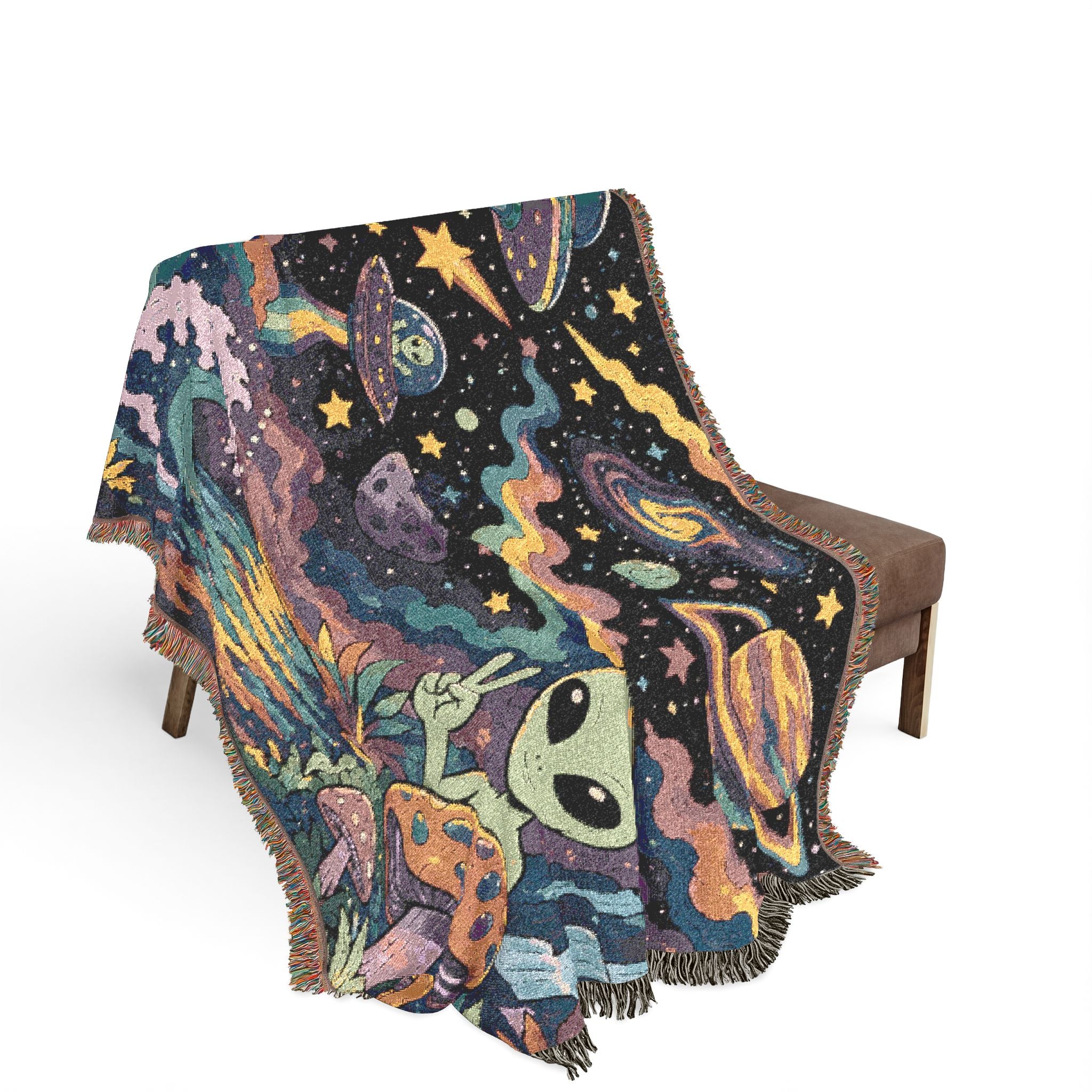 Psychedelic Alien Mushroom Scene Woven Blanket | Space UFO Tapestry Throw