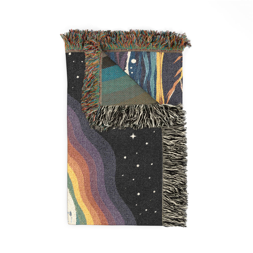 Rainbow Moon Landscape Woven Blanket | Mountain Night Sky Tapestry