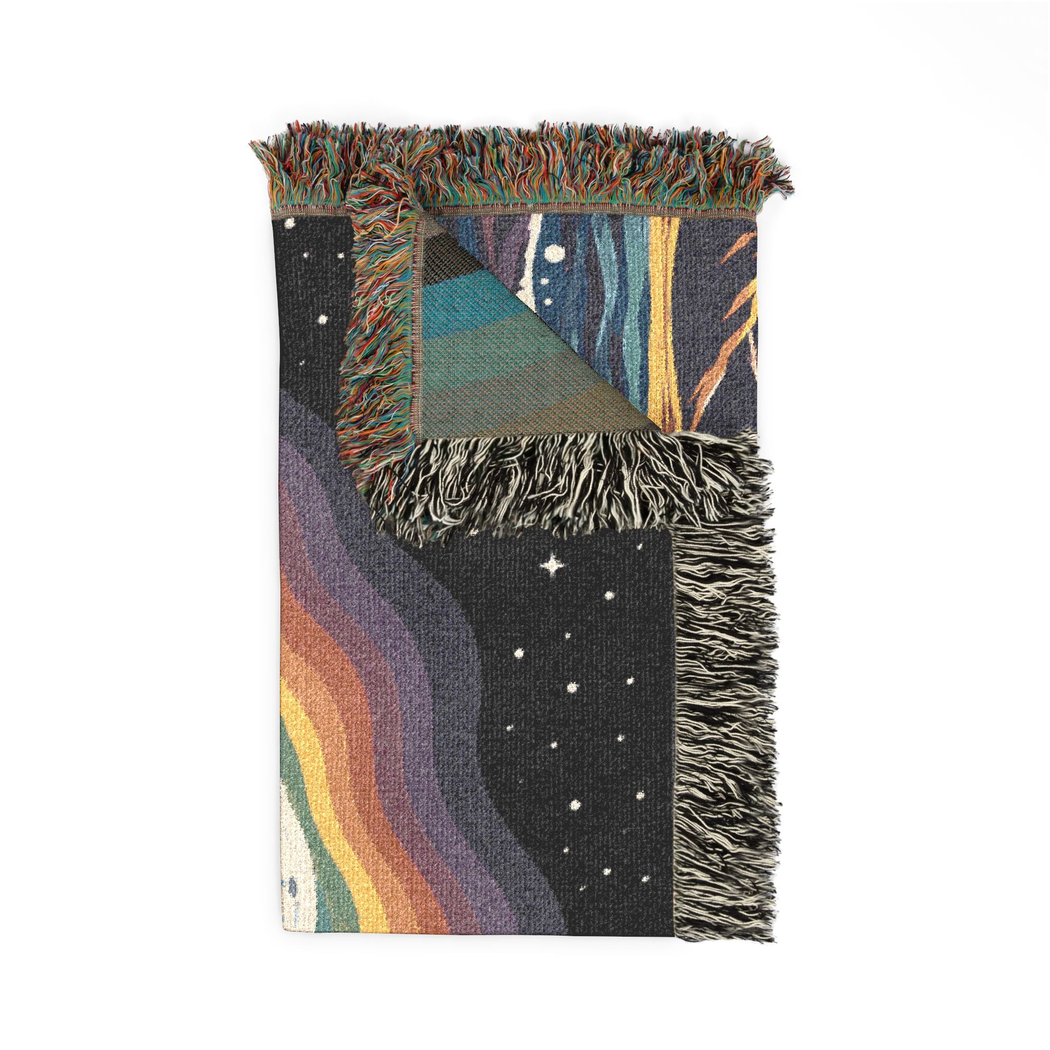 Rainbow Moon Landscape Woven Blanket | Mountain Night Sky Tapestry