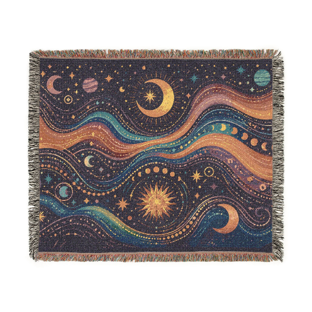 Celestial Waves Woven Blanket | Moon Stars Tapestry Throw